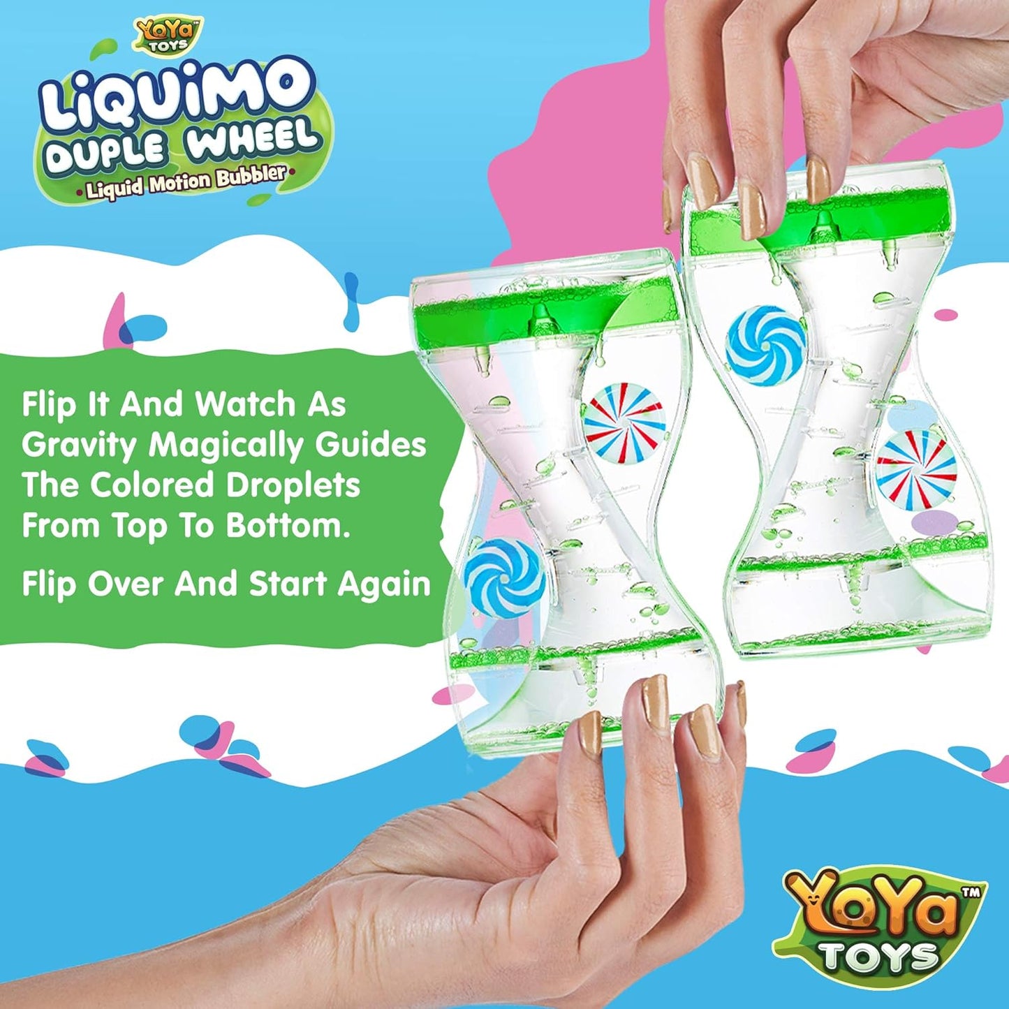YoYa Toys Liquimo Liquid Motion Bubbler Duple Wheel for Kids and Adults - Satisfying Toys for Stress and Anxiety Relief - Fidget Toy Can Be Used as a Colorful Kitchen Timer - 3 Pack