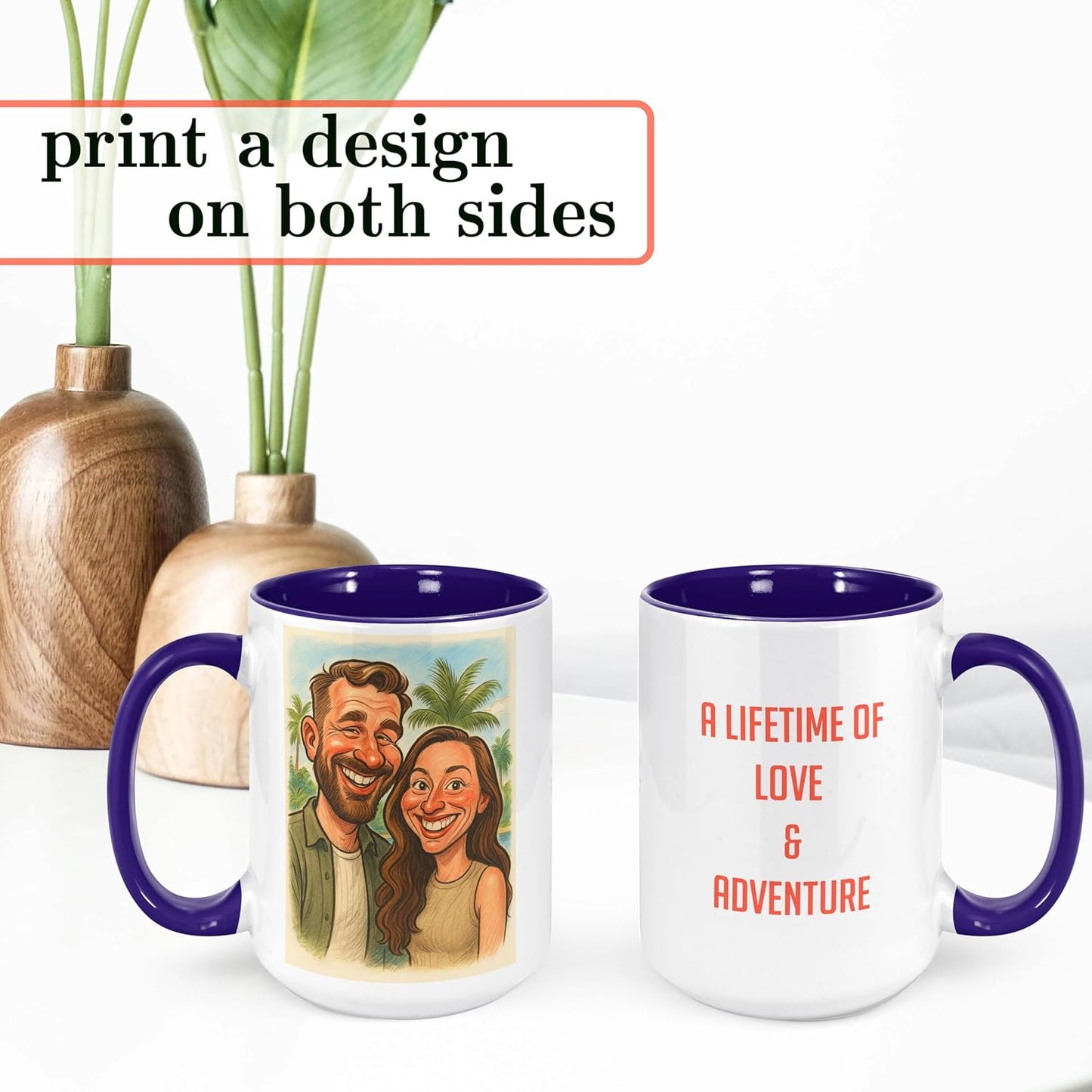 Personalized Coffee Mug, Custom Photo Caricature Gift, Funny Customized Coffee Gift for Men & Women, Custom Mugs with Pictures, Navy 15oz Father's Day Mug