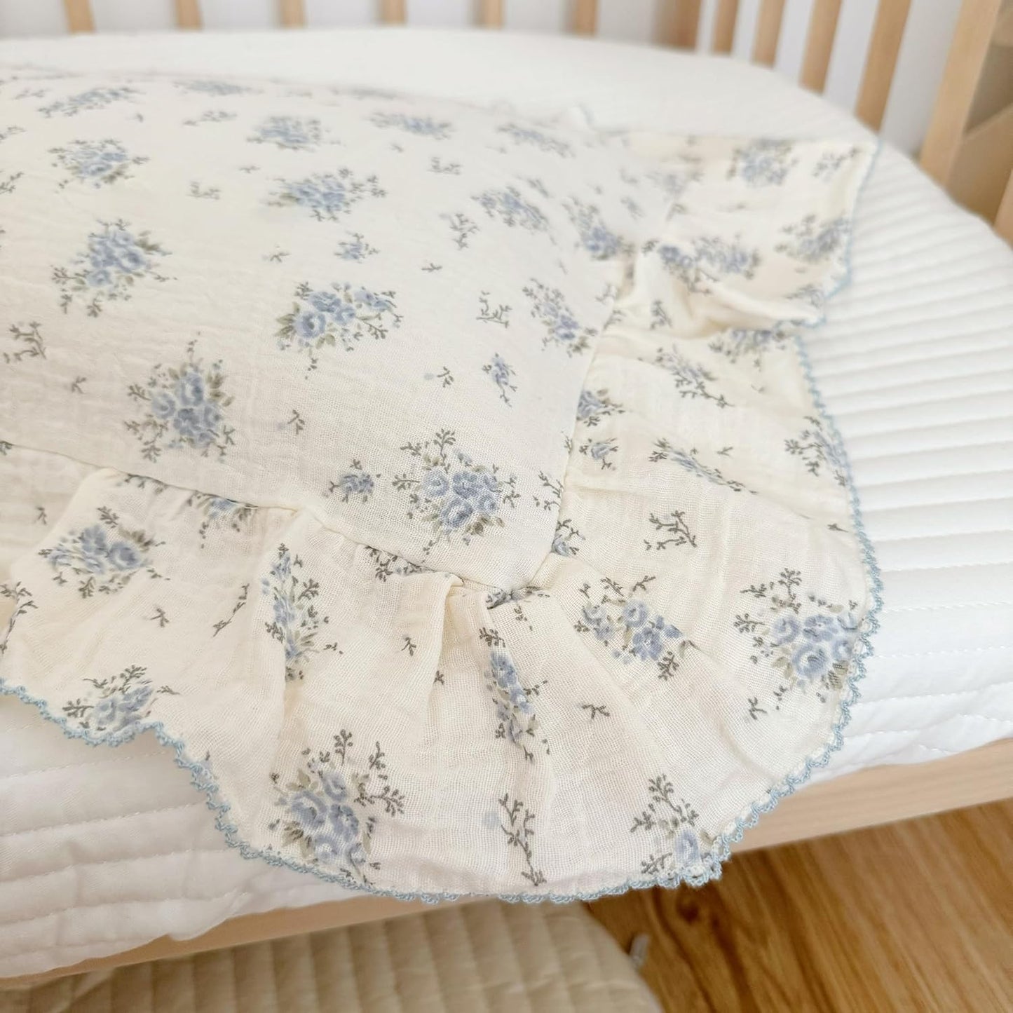 BuLuTu Muslin Cotton Kids Pillowcases for Girls Boys Shabby Chic Blue Floral Print Pillow Case Beige Toddler Pillowcases Standard Size Pillow Cover with Ruffles, 20"x26", 1 pc