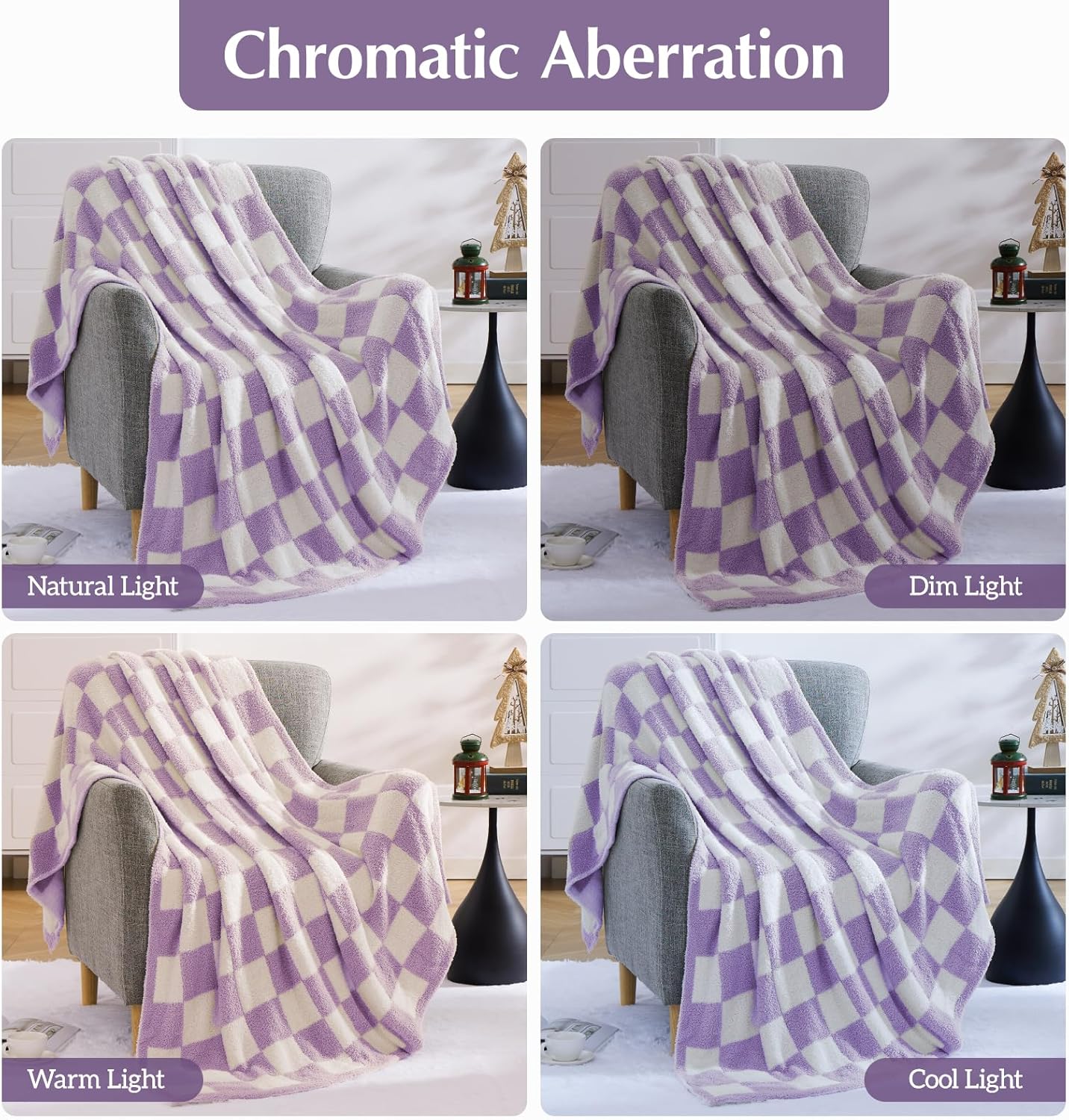 WRENSONGE Checkered Throw Blanket, Purple Soft Cozy Fluffy Warm Hand Made Throw Blankets for Couch, Sofa, Chair, Bed, Camping, Picnic, Travel Lightweight Bed Blanket - 50"*70"