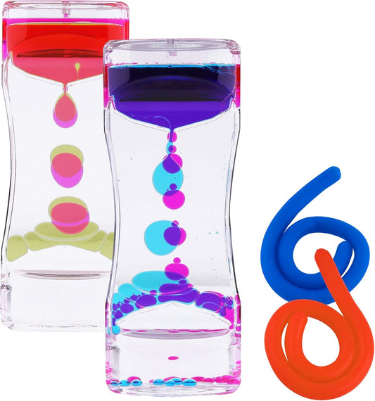 Liquid Motion Bubbler Sensory Toys – 4 Pc Set Bundle Stretchy String Fidget Toys Timer Water Oil Toy for Stress Relief and Anxiety Relief Great for ADHD AutHD Autism ADD Hyperactivity Relaxation figit