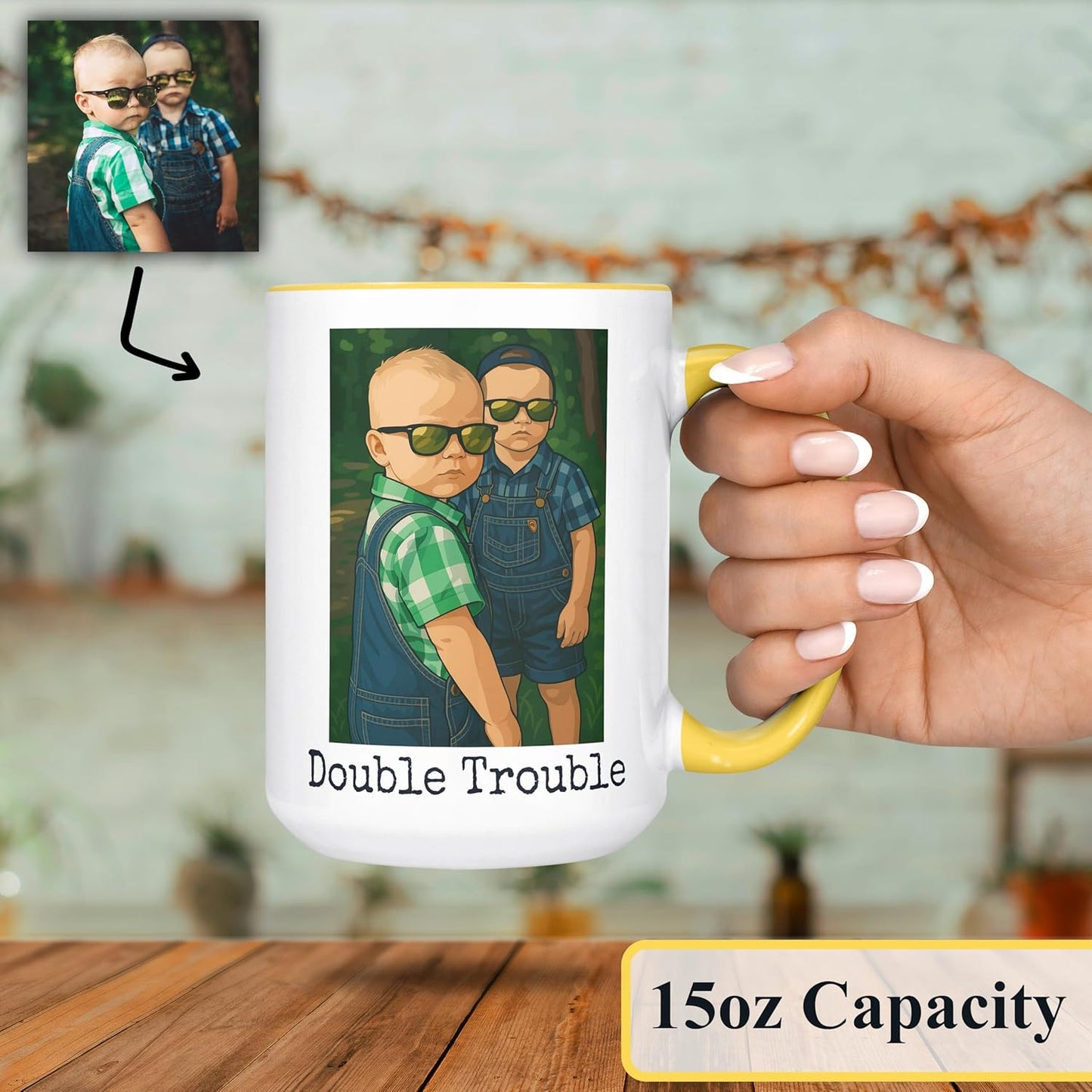 Personalized Coffee Mug, Custom Drawing Portrait Gift, Funny Customized Coffee Gift for Men & Women, Custom Mugs with Pictures, Yellow 15oz Customized Ceramic Tea Cup