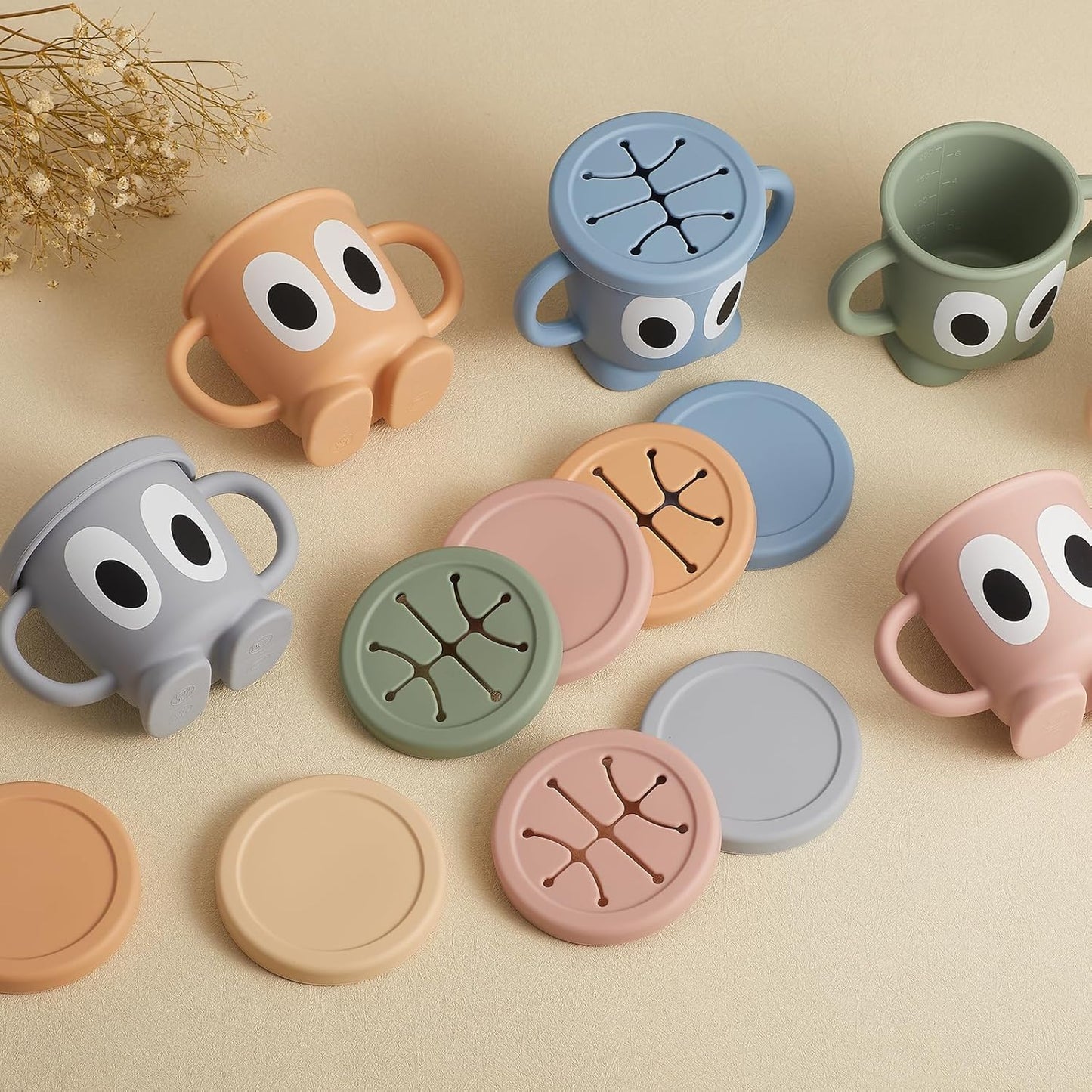 Silicone Snack Cup Food Container for Toddlers and Babies, Spill Proof Training Cup with Snack Cup Lid & Dust Proof Lid, Comes with a toy strap, Without BPA, Lead, or Phthalates (Sage)