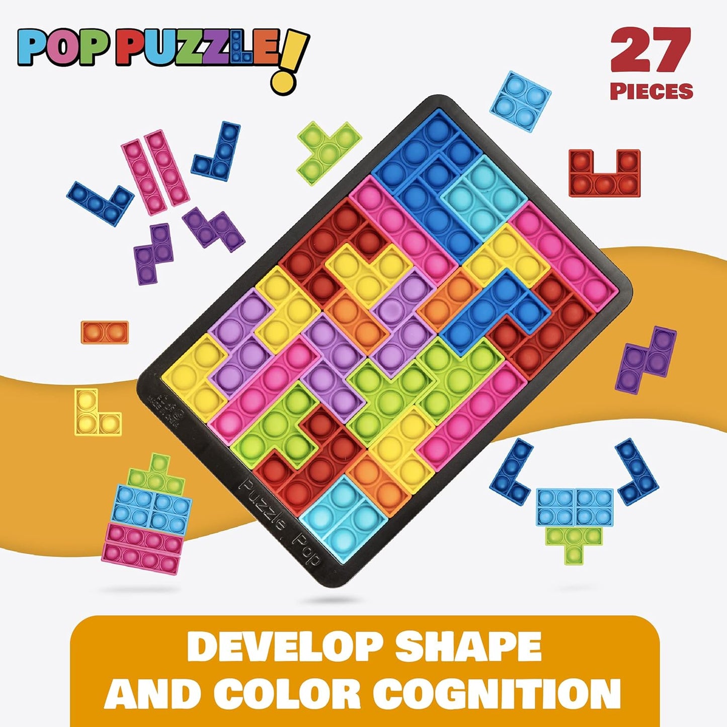 Power Your Fun Pop Puzzle Popper Fidget Game - 27pc Jigsaw Puzzle Game Pop Push It Bubble Sensory Fidget Toys for Learning, Stress Relief Silicone Pop Puzzle Game Board for Kids and Adults (Black)