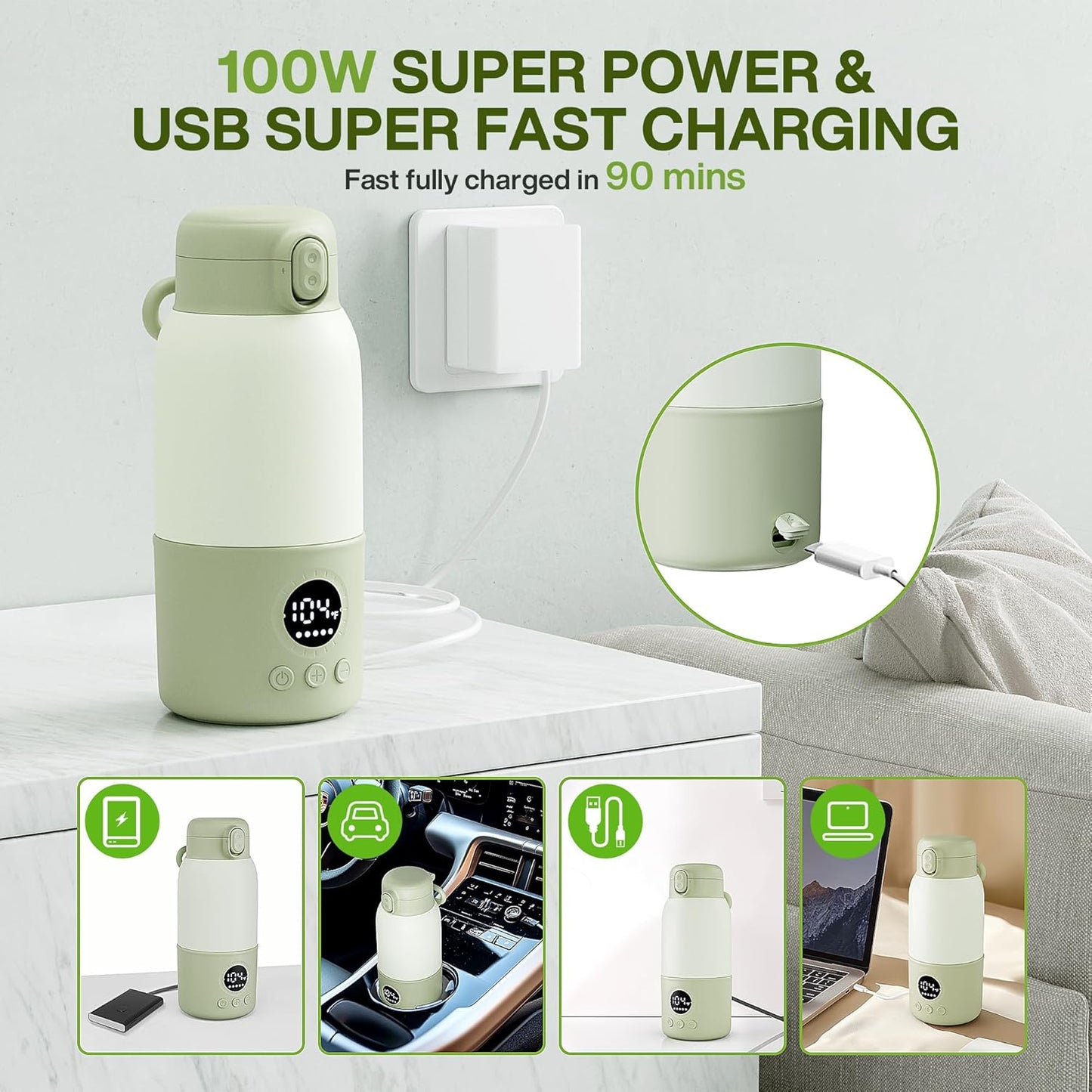 Portable Bottle Warmer for Travel,Formula Container to Go 12.8oz Baby Bottle Warmer with 2-Min Fast Heating,Milk Warmer for Baby Travel Essential with Long Time Keep Warm Function