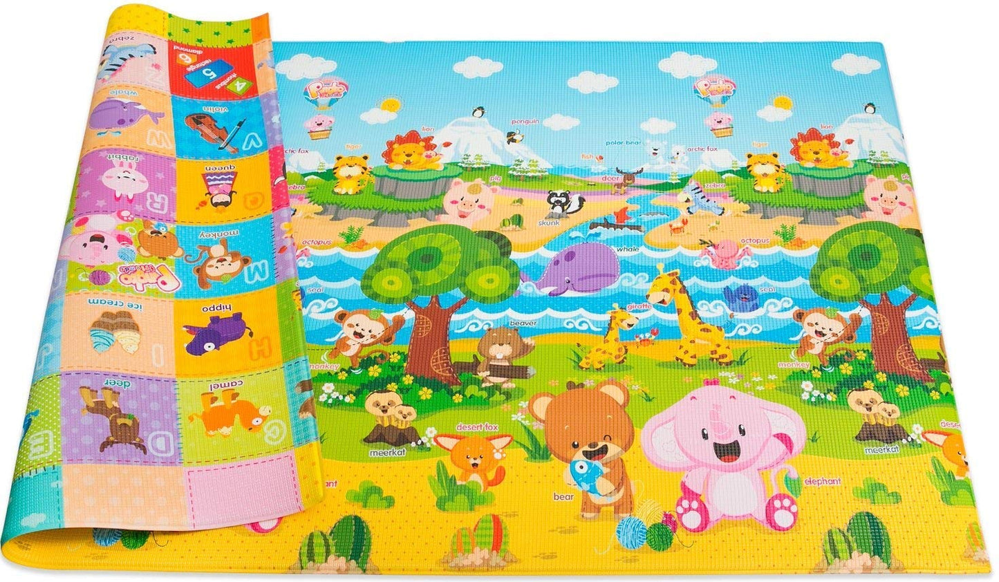 Baby Care Play Mat (Medium, Playful - Pinko & Friend) 73’’ x 49’’ Original One-Piece Reversible Rollable Waterproof Play Mat for Infants, Babies, Toddler, and Kids