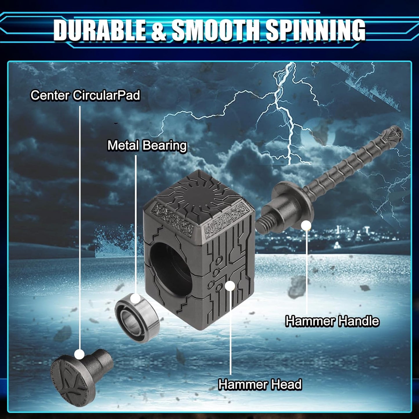 Mjolnir Fidget Spinner Cube Toy for Kids Adult, Hammer Figit Hand Spinner with Shield Finger Spinner Metal Block Transformable Gyro Fidget Keychain, Cool Gadget Bag Filler Gift 2 Pack