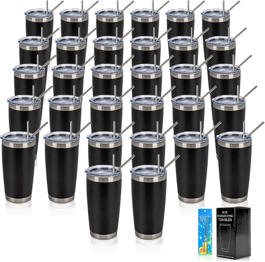 IEOVIEE 32 Pack 20oz Stainless Steel Bulk Tumblers with Lids and Straws Double Wall Insulated Travel Mug Durable Powder Coated Tumbler Bulk Cup for Cold and Hot Drinks(Black)