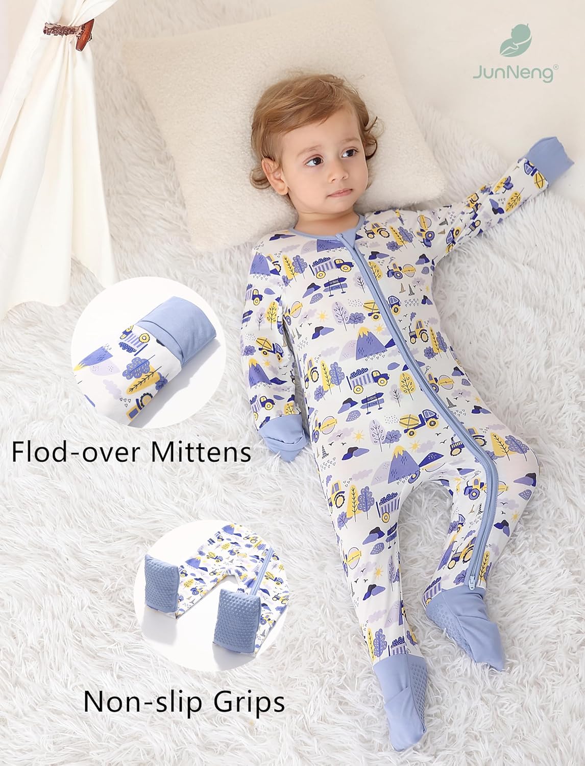 JunNeng 2Pcs Baby Rayon from Bamboo Sleeper with Mitten Cuffs, Footless Zipper Cozy Pjs, Non-Slip Soles Romper