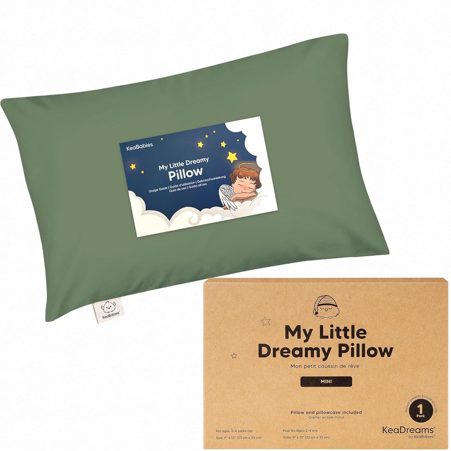 Mini Toddler Pillow with Pillowcase - 9x13 My Little Dreamy Travel Kids Pillow for Sleeping, Toddler Bed, Small, Tiny, Organic Cotton Pillowcase, Soft & Breathable, Kids 2-4 Years Old (Jungle Green)