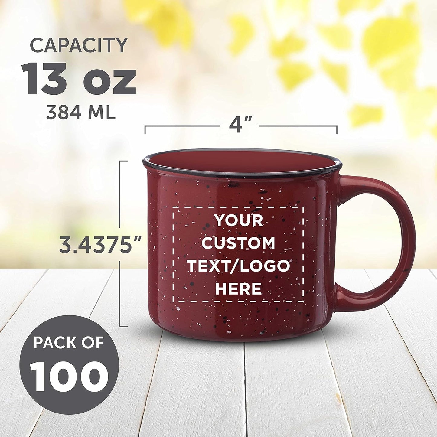 DISCOUNT PROMOS Custom Ceramic Campfire Coffee Mugs 13 oz. Set of 100, Personalized Bulk Pack - Perfect for Tea, Espresso, Cappuccino, Hot Cocoa - Maroon