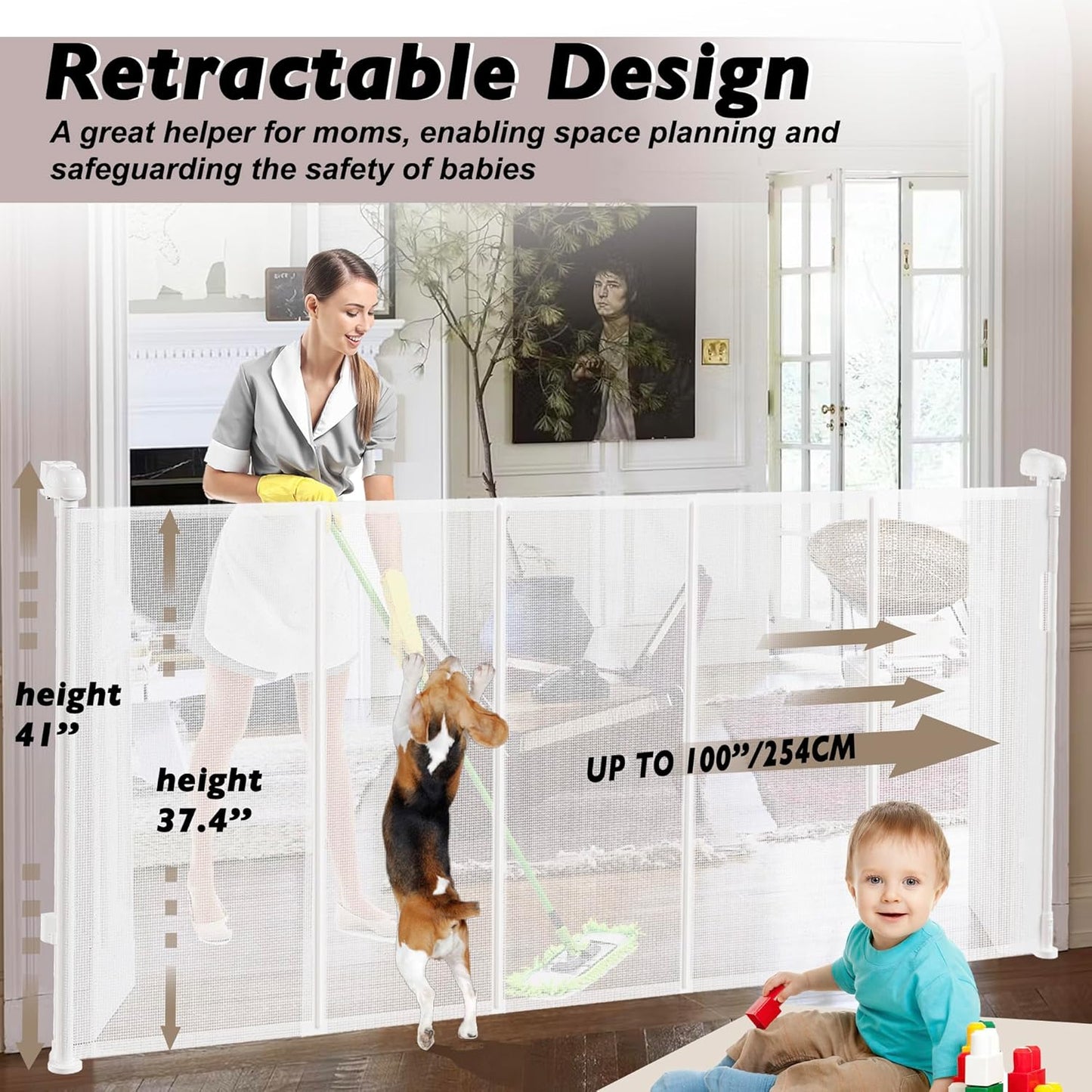 Retractable Baby Gates Dog Gate for Stairs, 100" Wide Retractable Gate Mesh Pet Gate, 41" Extra Tall Child Safety Gate with Fiberglass Rods for Stairways, Doorways, Hallways, Indoor/Outdoor