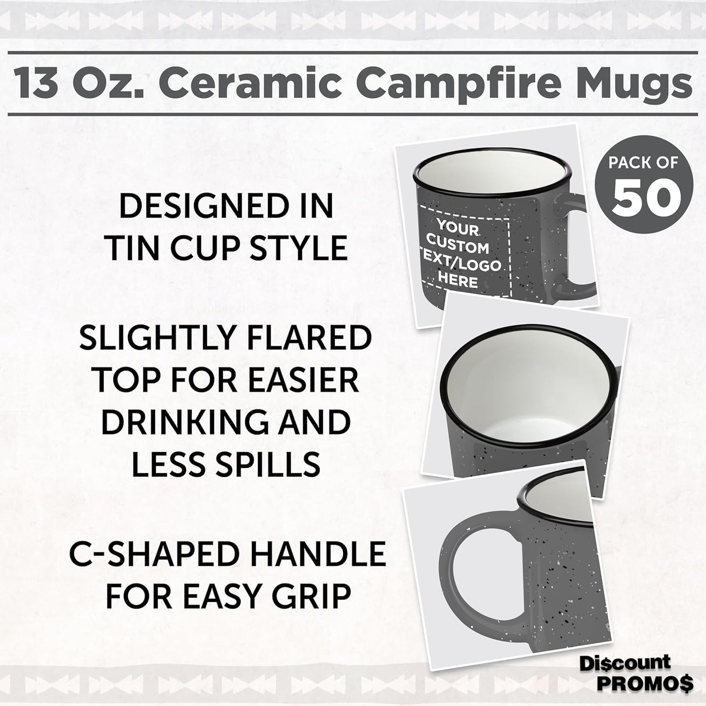DISCOUNT PROMOS Custom Ceramic Campfire Coffee Mugs 13 oz. Set of 50, Personalized Bulk Pack - Perfect for Tea, Espresso, Cappuccino, Hot Cocoa - Grey