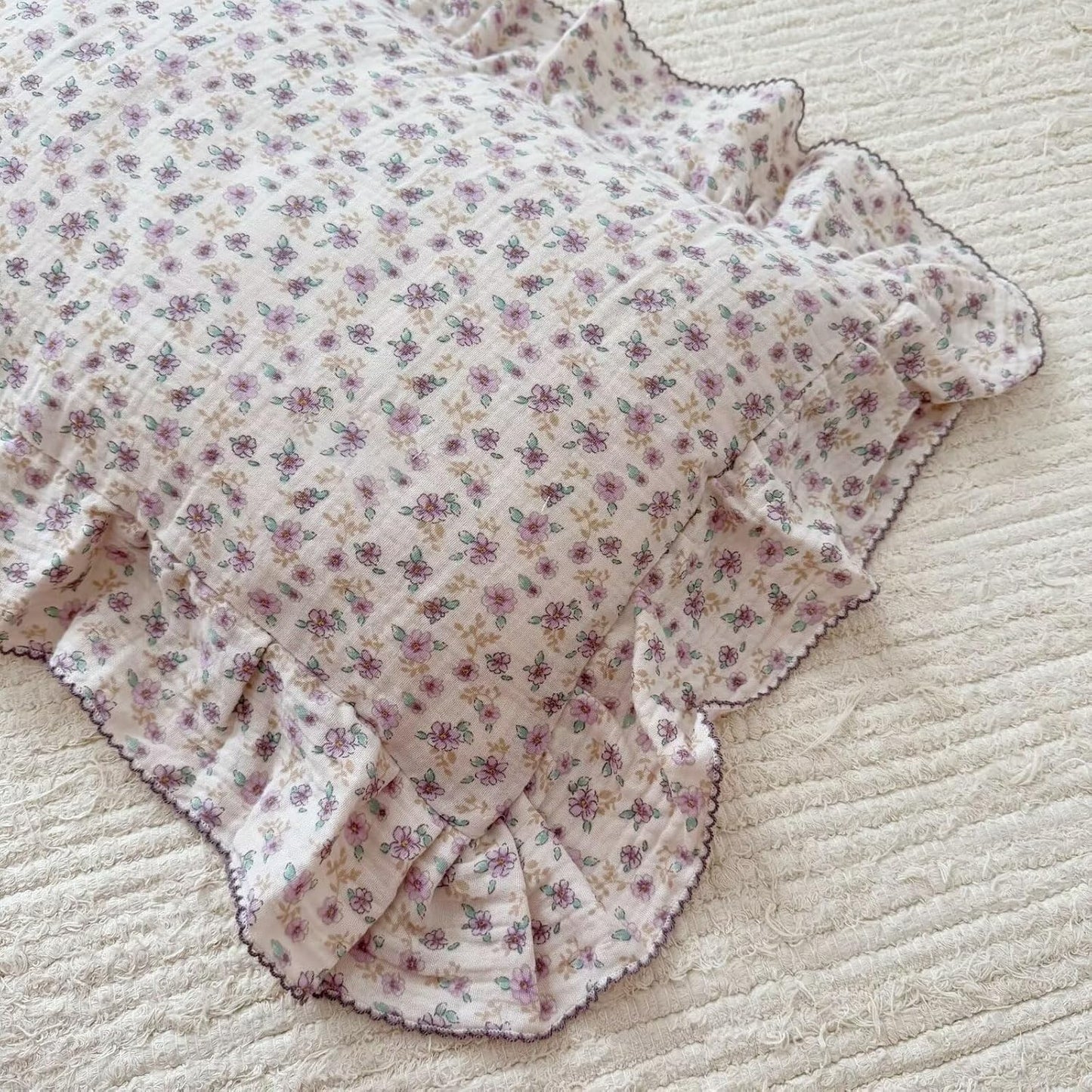 BuLuTu Purple Floral Muslin Cotton Toddler Pillowcases with Ruffles, 1 pc, 14"x20", Oeko-TEX Certified Gauze Muslin Pillow Cover for Girls Boys Crib Size Pillow Cases for All Seasons