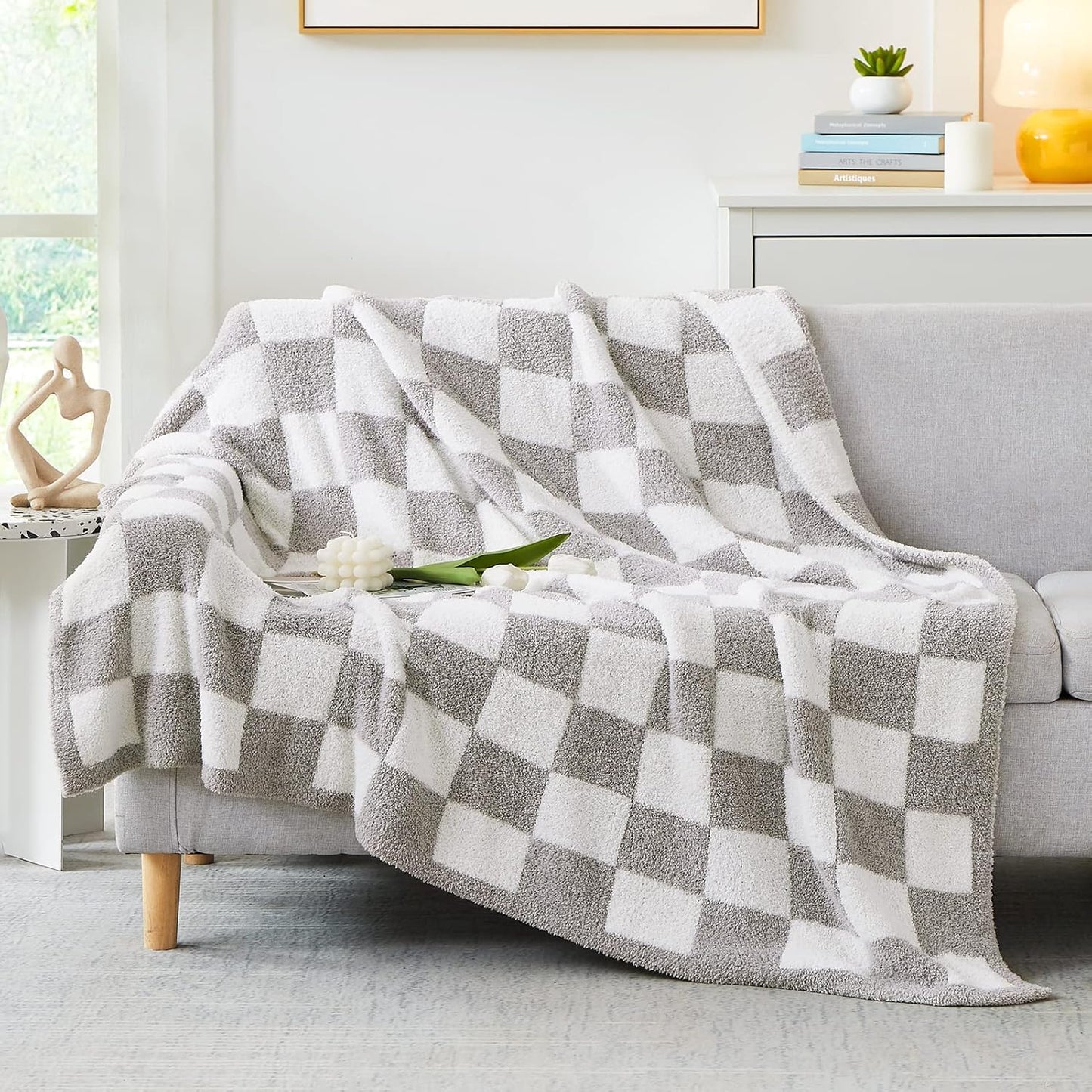 WRENSONGE Checkered Throw Blanket, Light Grey Soft Cozy Fluffy Warm Hand Made Throw Blankets for Couch, Sofa, Chair, Bed, Camping, Picnic, Travel Lightweight Bed Blanket - 60 * 80