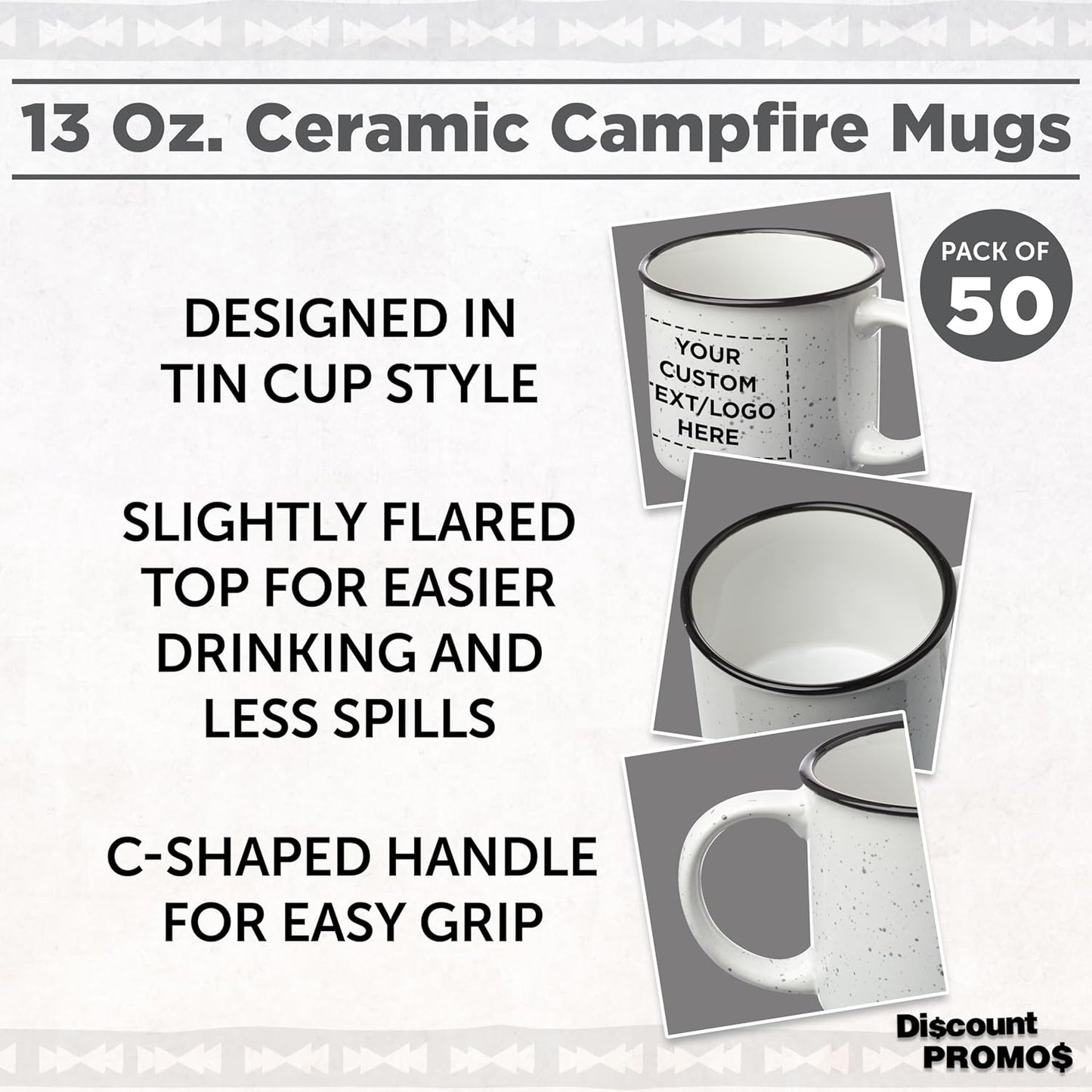 DISCOUNT PROMOS Custom Ceramic Campfire Coffee Mugs 13 oz. Set of 50, Personalized Bulk Pack - Perfect for Tea, Espresso, Cappuccino, Hot Cocoa - White