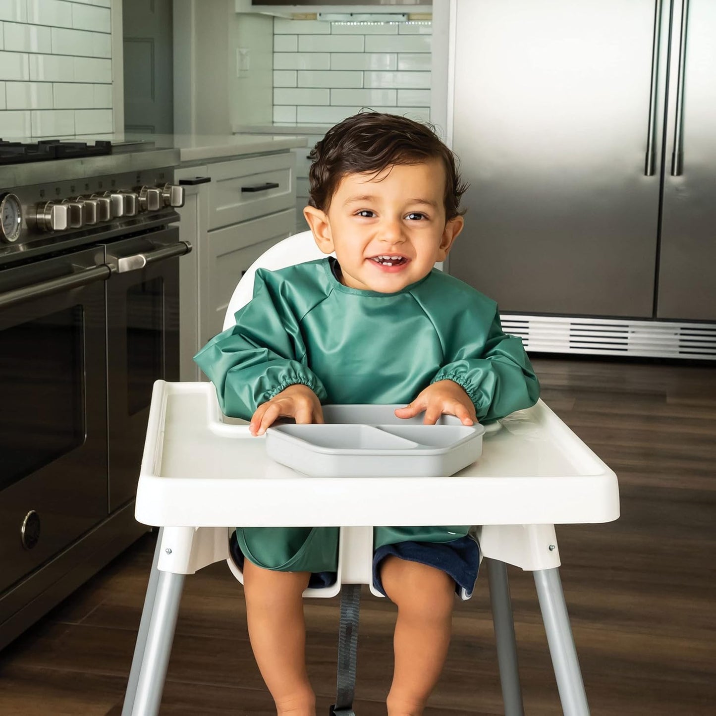 Tiny Twinkle Mess Proof Baby Bib,Waterproof Smock Baby Bib for Eating,Machine Washable Long Sleeve Bib,Baby Led Weaning,Toddler Bib,BLW Supplies(Olive Green, Small 6-24 Months)