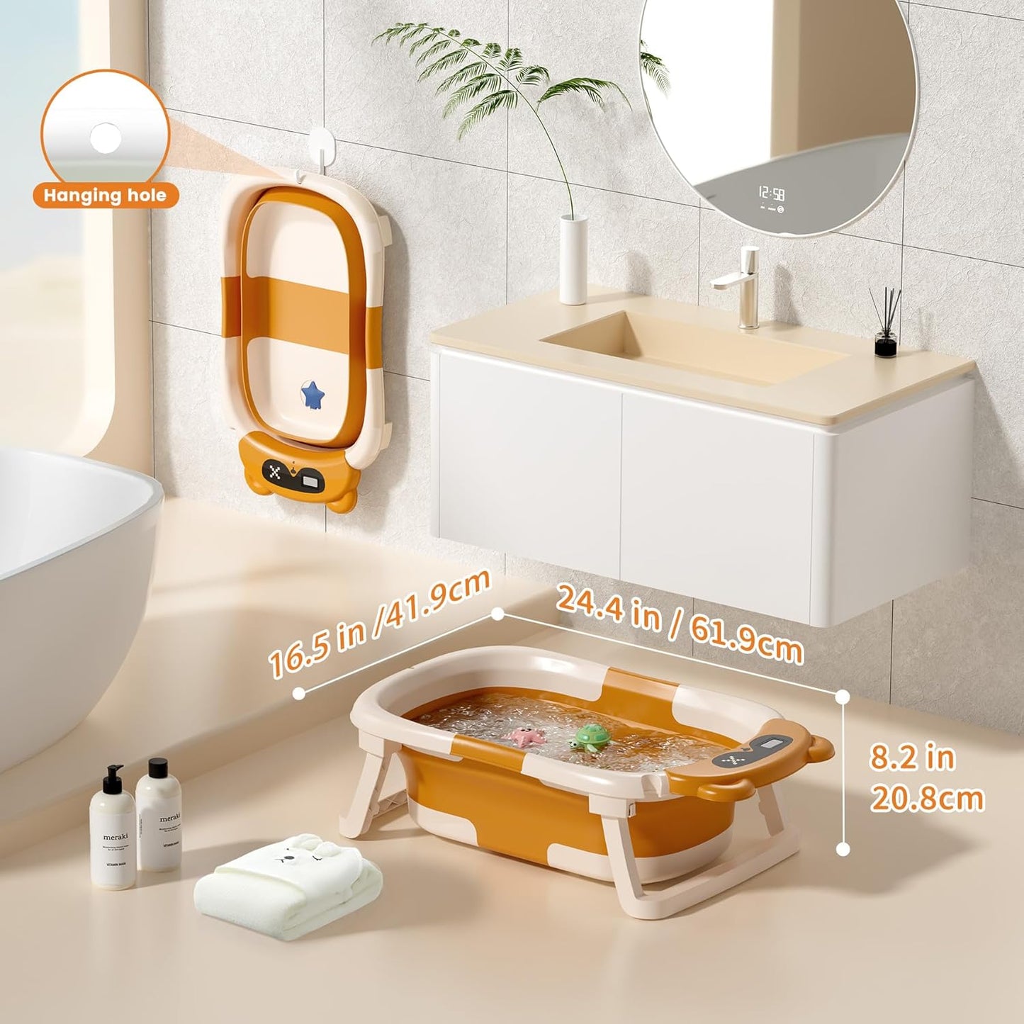 Collapsible Baby Bathtub with Soft Towel and Floating Cushion, Infant Bathtub for Newborn to Toddler (0-18 Month), Portable Baby Bath Tub for Travel (Brown Bear)