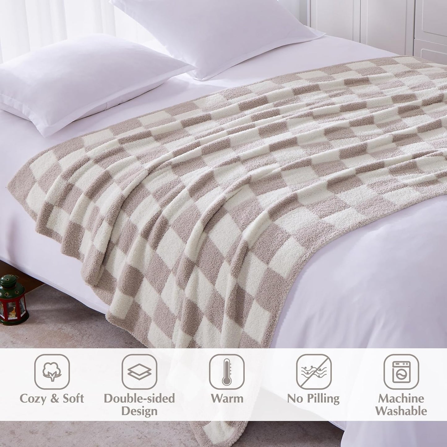 WRENSONGE Checkered Throw Blanket, Taupe Soft Cozy Fluffy Warm Hand Made Throw Blankets for Couch, Sofa, Chair, Bed, Camping, Picnic, Travel Lightweight Bed Blanket - 60"*80"