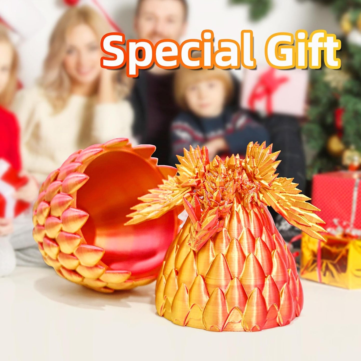 3D Printed Flying Dragon in Egg - Red Mix Gold - Surprise Egg with Flexible Winged Dragon Inside, Mystery Beautiful Fidget Toy, Birthday Gift, Desk Figure Decor
