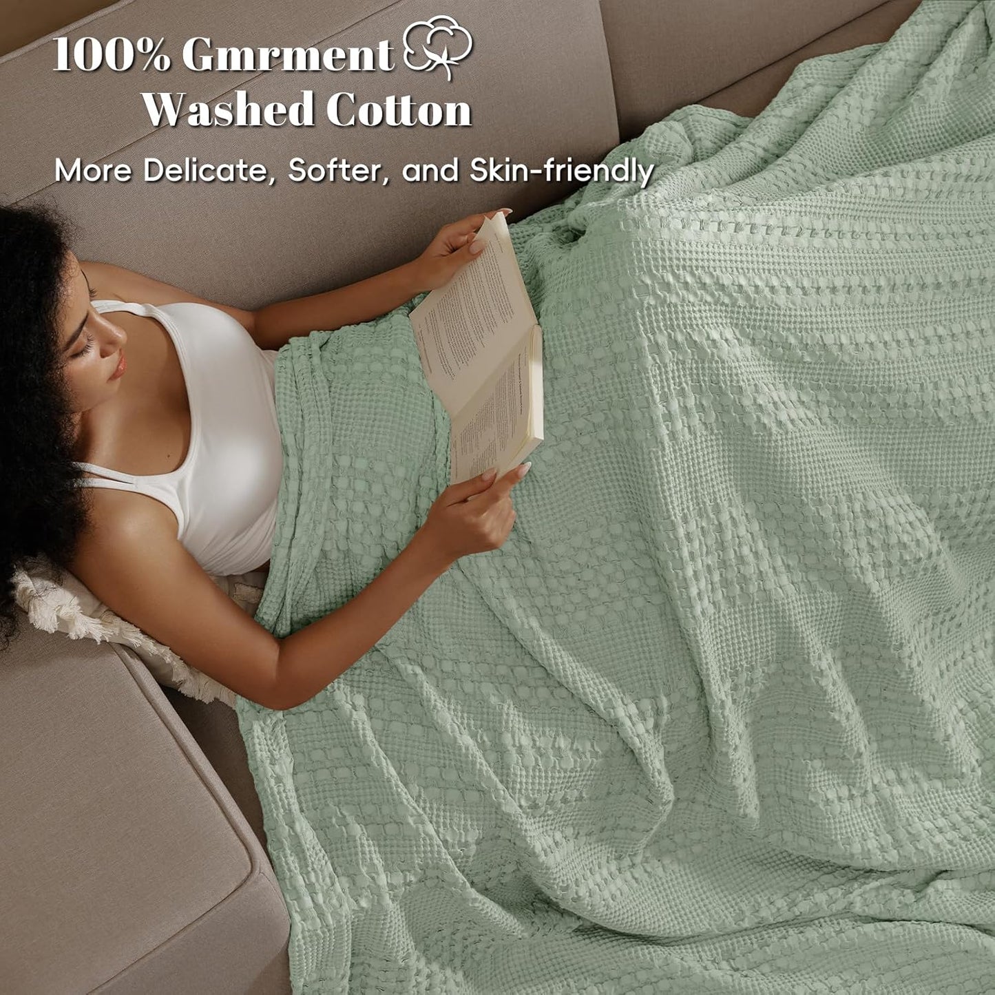 PHF 100% Cotton Waffle Weave Blanket King Size, Soft Lightweight Breathable Cozy Summer Blankets for Bed, Luxury Aesthetic Woven Bedding for Home Decor, 108"x90", Sage Green