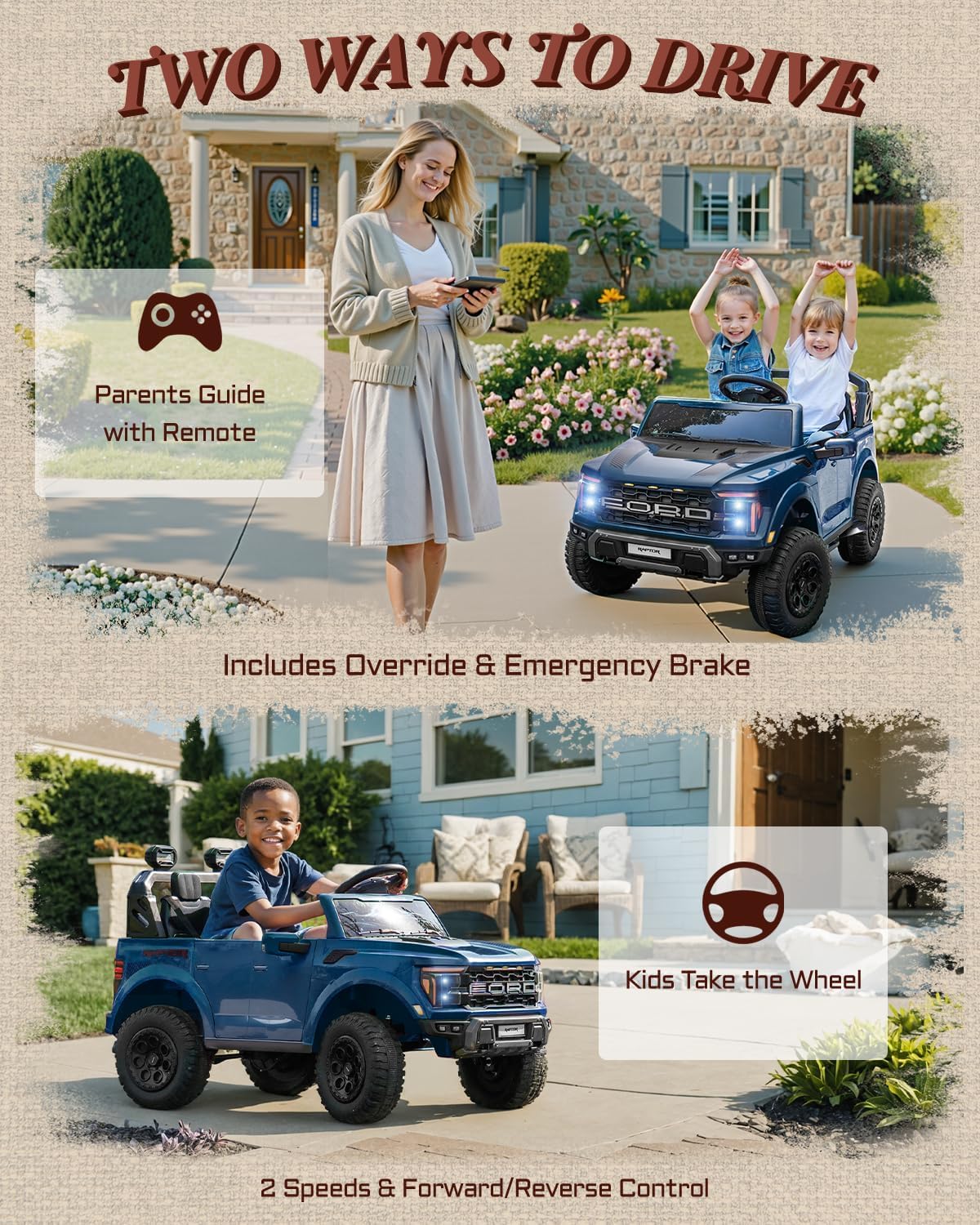 Licensed Ford F-150 Raptor 2 Seater Ride on Car for Kids, 24 Volt Ride on Toys for Boys w/Remote Control, Kids Electric Car w/LED Lights, Bluetooth, Truck Bed Storage, Soft Start (Blue)