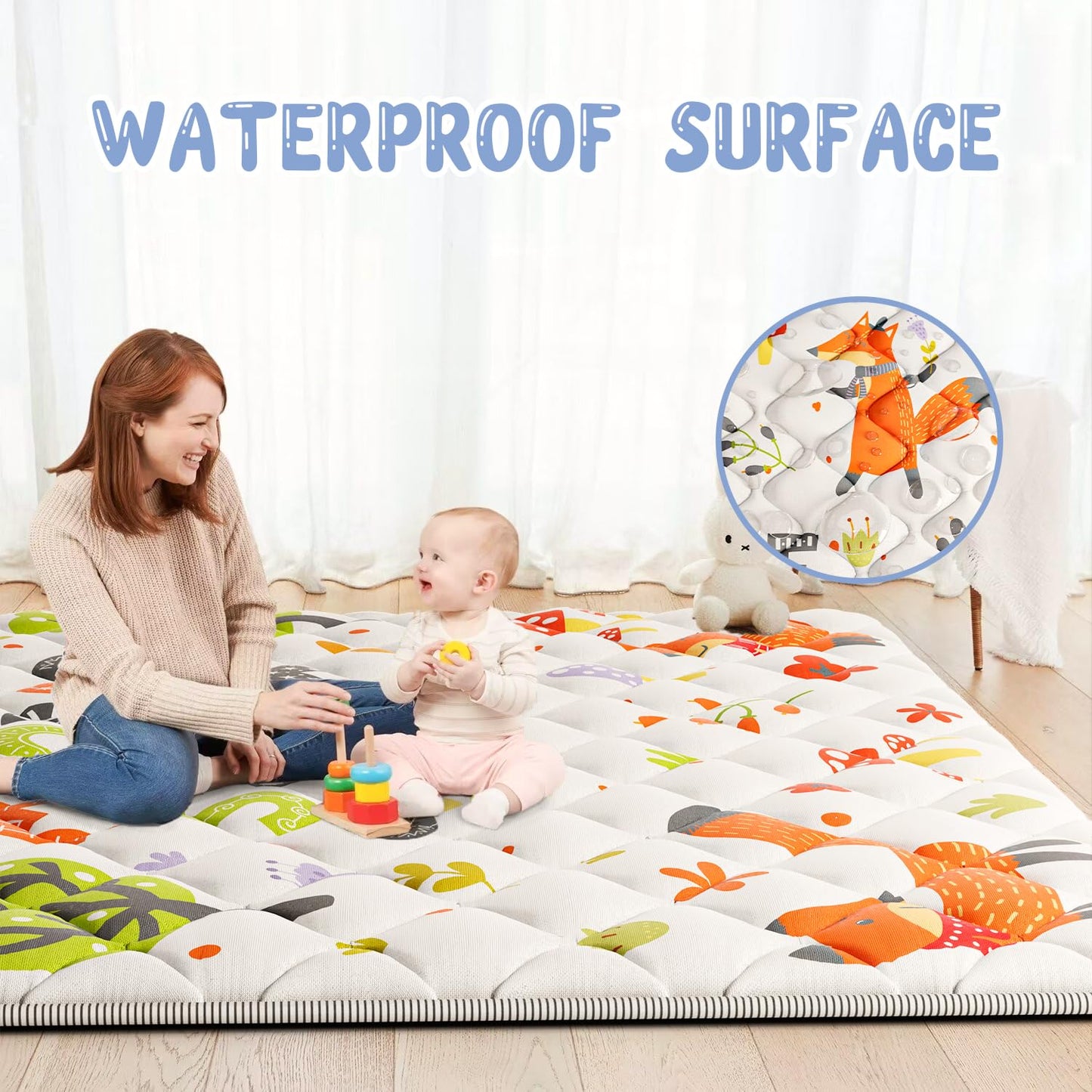 Baby Play Mat 71" X 59" Playpen Mat Upgraded Thicken Baby Floor Play Mat Non-Slip Cushioned Crawling Mat Waterproof Activity Playmats for Babies Toddlers Infants (71X59, Letter Fox)