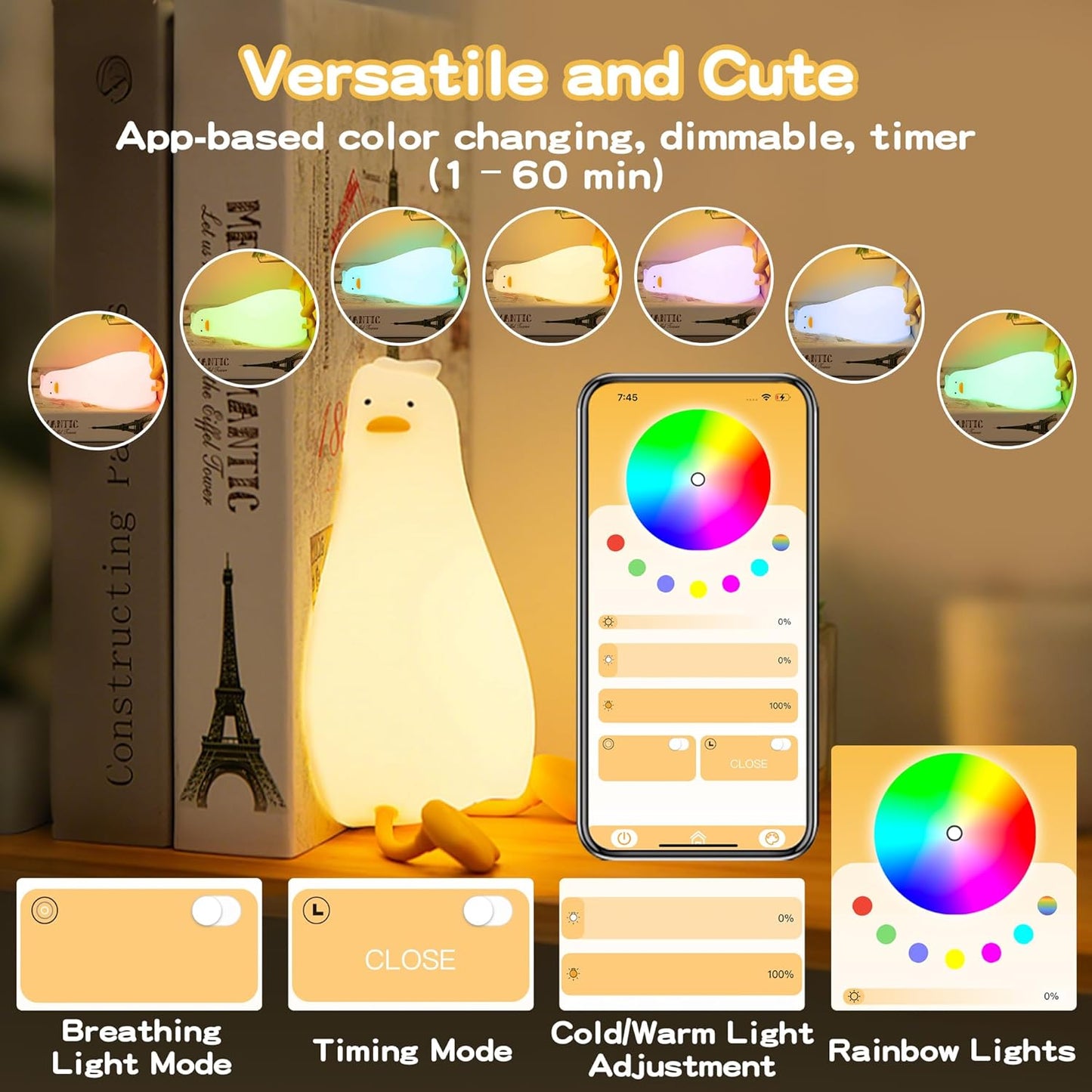 Cute Duck Night Light with Color Changing, APP/Tap Control Fun Lying Flat Ducky Lamp with Blind Box Gift,Soft Silicone Nursery Nightlight,Dimmable/Timing Bedside Touch Lamp,Baby Adults Kids Room Decor