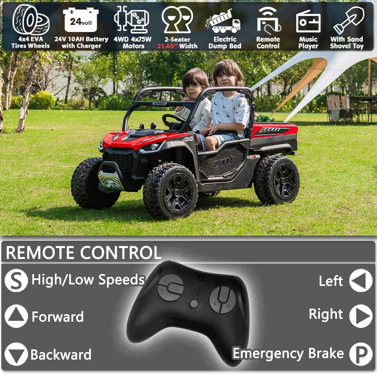 sopbost 24V 10Ah Ride On Toys for Big Kids to Drive 2 Seater Ride On Car with Remote Control Battery Powered Side by Side UTV with Large Dump Bed, 4x75W Motors, Red & Black