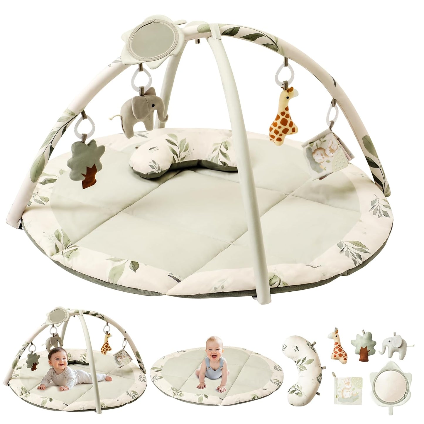 Fortella Baby Play Gym & Activity Mat, Tummy Time Mat w 5 Detachable Toys and Pillow, Large Sensory Playmat for Floor, Newborn Infant Baby Essentials Shower Gift 0-3-6-9-12 Months (Sage Green)