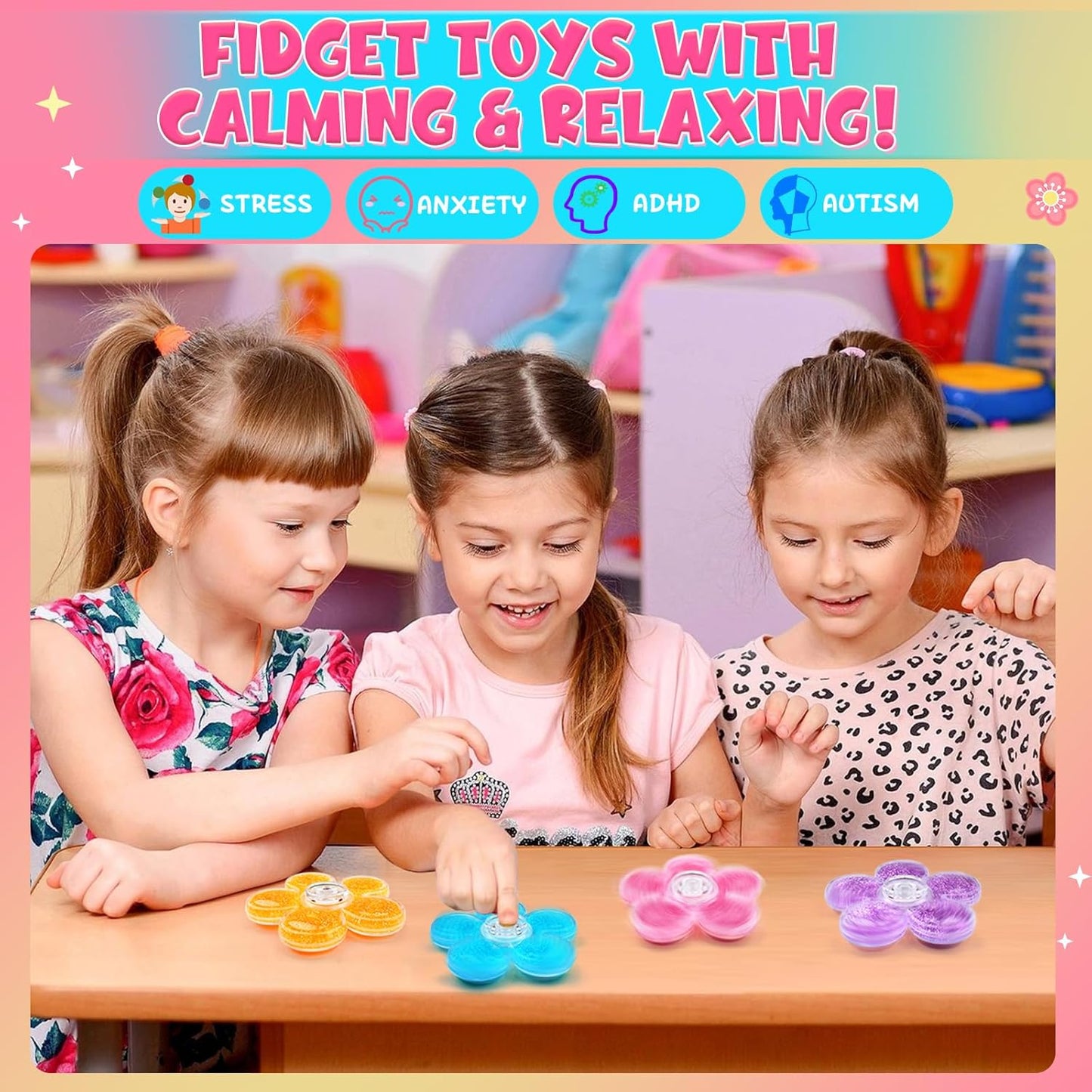 Fidget Spinner 4Pcs,Fidget Toys for Adults Kids Girls,Quiet Fidgets Figette Toys for 8-12,Fidget Sensory Toys for 5-7,Cool Gadgets Travel Toys,Anxiety ADHD Autism Toys, (A)