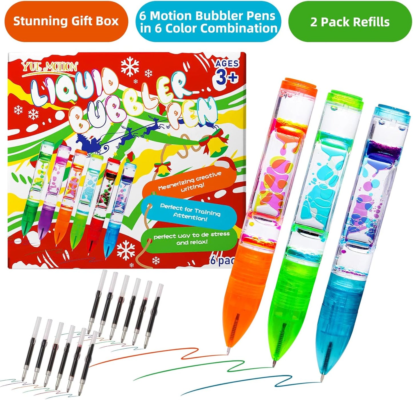 YUE MOTION Liquid Motion Bubbler Pens - Colorful Liquid Ballpoint Pen for Back to School Gift，Stocking Stuffers, Easter Basket Stuffers -Fidget Toy Pen for Stress Relief and Anxiety(6 Pack)