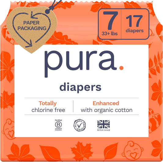 Pura Size 7 Eco-Friendly Diapers (33+lbs) Totally Chlorine Free (TCF) Hypoallergenic, Soft Organic Cotton Comfort, Sustainable, up to 12 Hours Leak Protection, Allergy UK,1 Pack of 17 Diapers