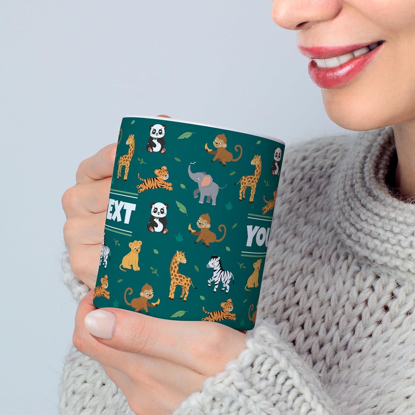 Personalized Mug for Kids - Zoo Animals - Custom Name/Text, Ceramic Hot Chocolate/Cocoa/Coffee Cup for Boys/Girls, Birthday/Christmas/Holiday Gift - 11 oz, Light Blue Handle