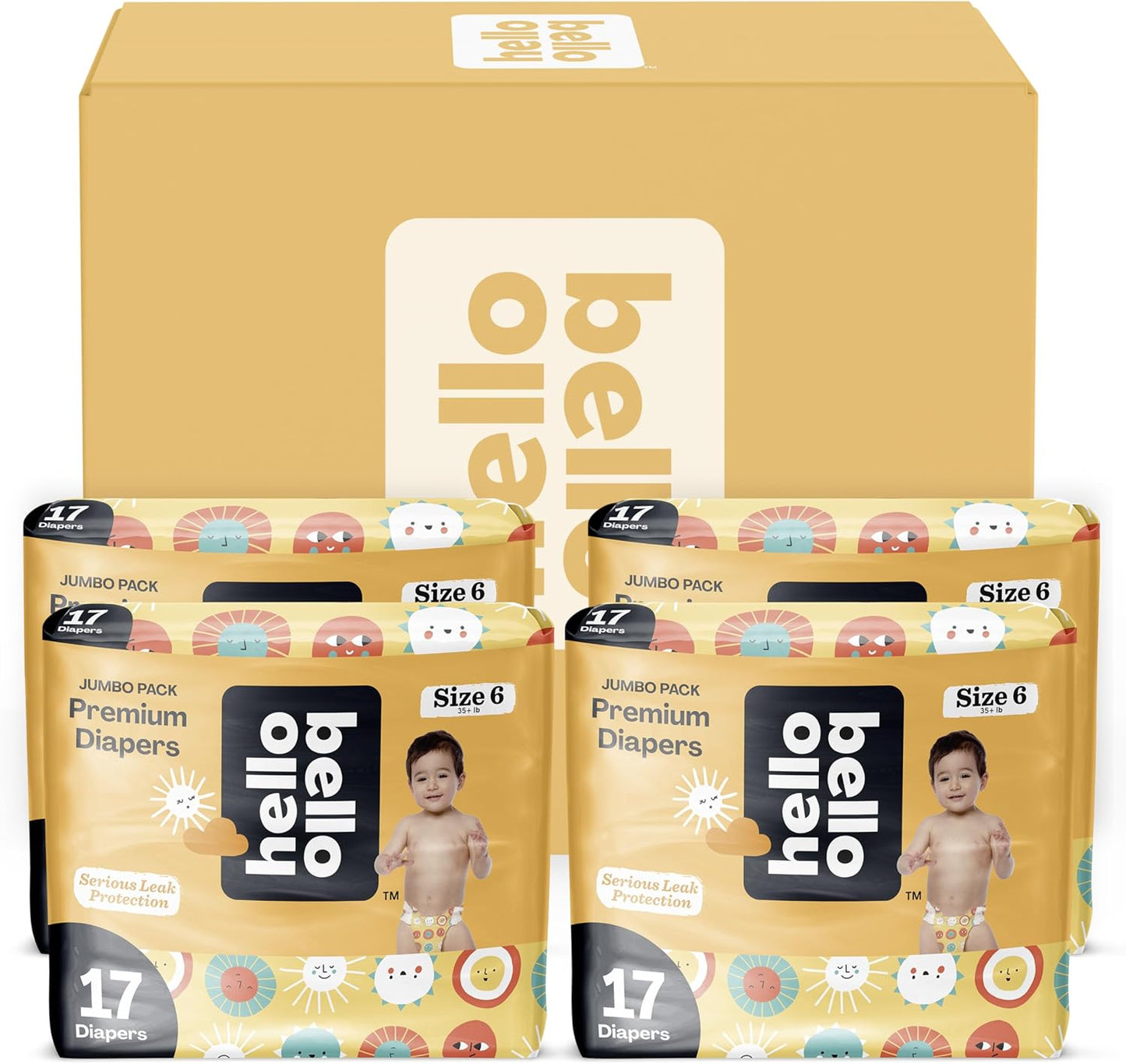 Hello Bello Premium Diapers Size 6, 68 Count Disposable, Extra-Absorbent, and Hypoallergenic Baby Diapers with Snug and Comfort Fit, Sunnyside Up Pattern Value Pack