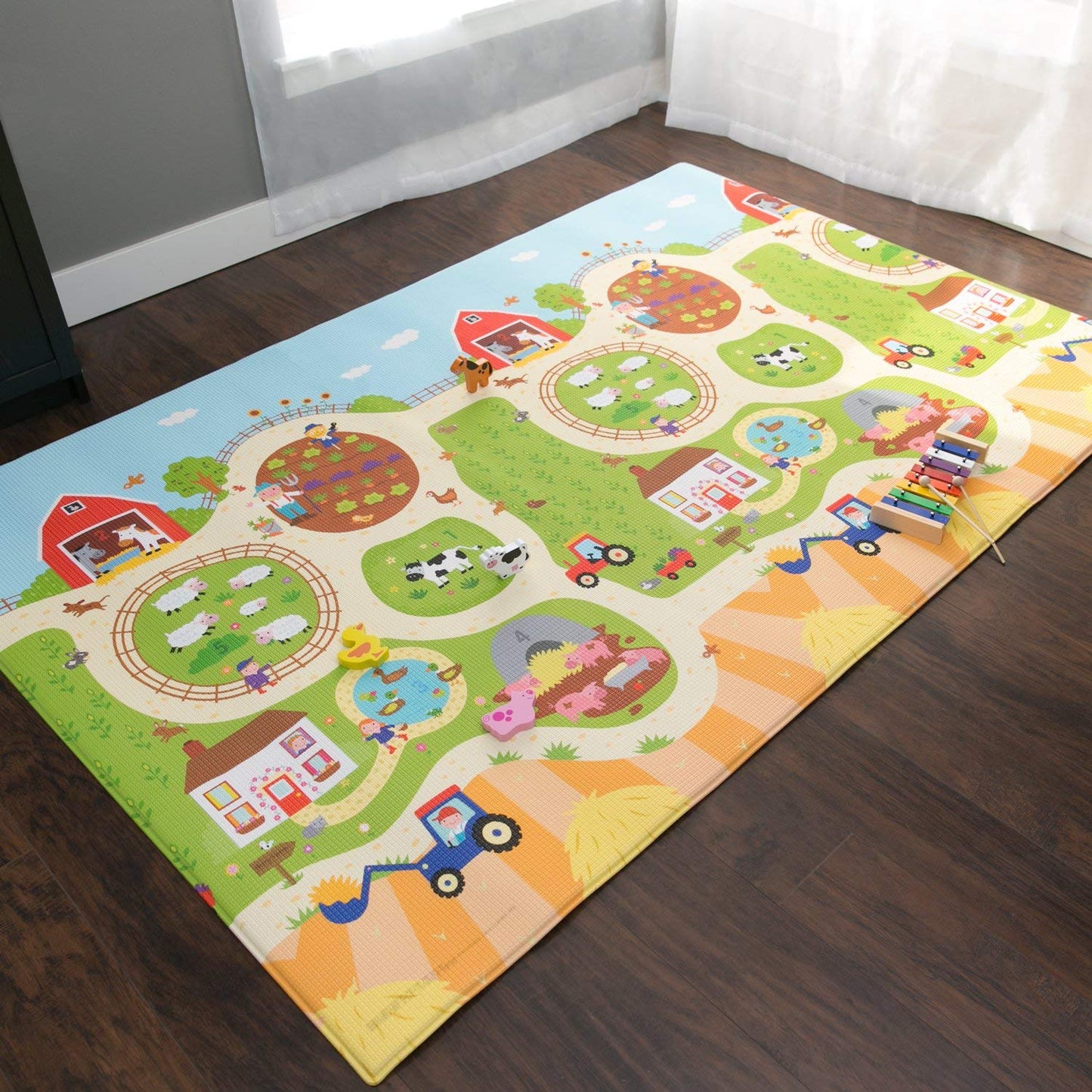 Baby Care Play Mat - Playful Collection (Busy Farm, Large) - Play Mat for Infants – Non-Toxic Baby Rug – Cushioned Baby Mat Waterproof Playmat – Reversible Double-Sided Kindergarten Mat