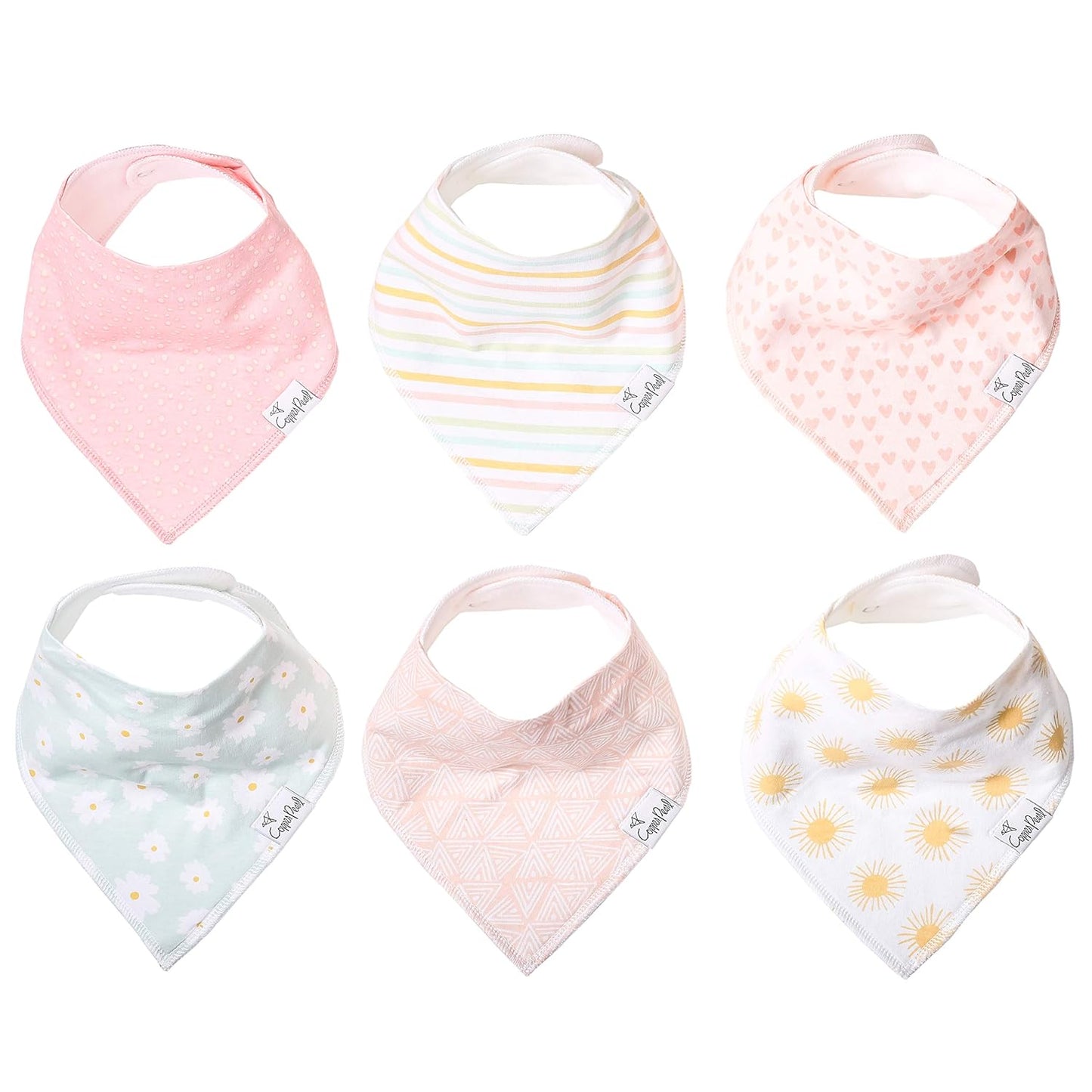 Copper Pearl 6 Pack Soft Cotton Baby Bibs for Drooling and Teething, Absorbent Drool Bibs for Baby Girl, Adjustable to Fit Newborns to Toddlers, Tons of Styles (Sunny Set)