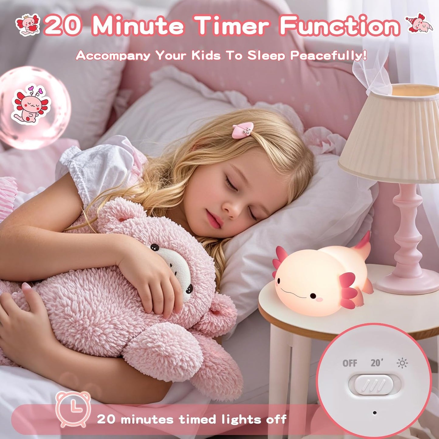 Axolotl Lamp,Cute Axolotl Night Light,Dimmable Silicone Animal Nursery Night Light,Adorable Rechargeable Squishy Novelty Bedside Touch Lamp,Baby Room Decor, Axolotl Gifts for Kids/Girls