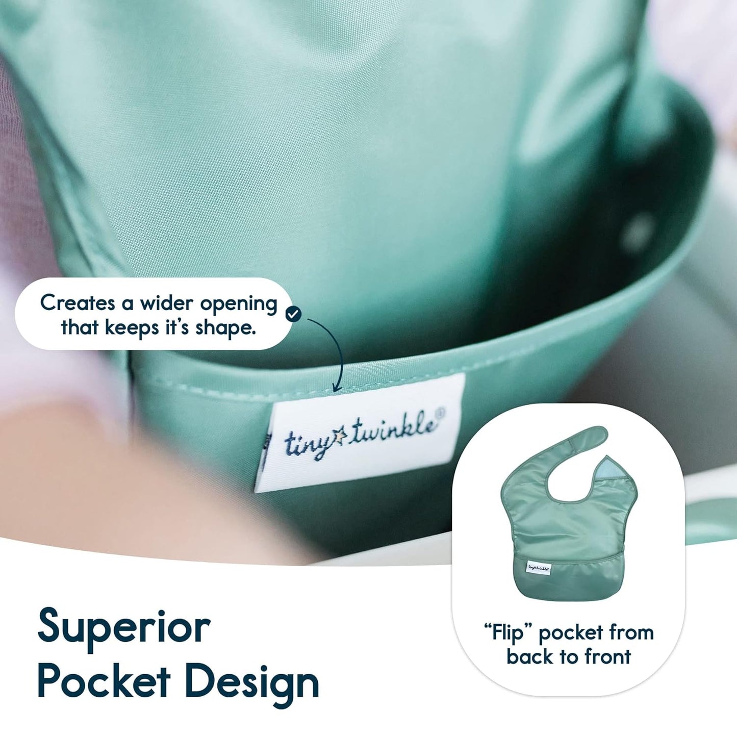 Tiny Twinkle Mess Proof Baby Bibs for Eating - Waterproof, Wipeable Bibs - Toddler Bibs - Travel Friendly - PFAS, PVC, BPA, Phthalate Free - Baby Food Bibs(3 Pack,Olive. Slate)