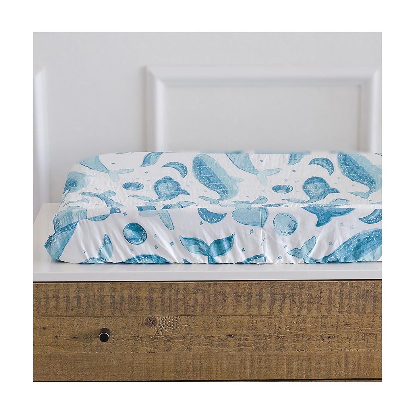 Crane Baby Quilted Changing Pad Cover with Animal Print, Breathable Cotton Sateen, Fits Standard 16”X32” Pads, Ocean Whale Blue