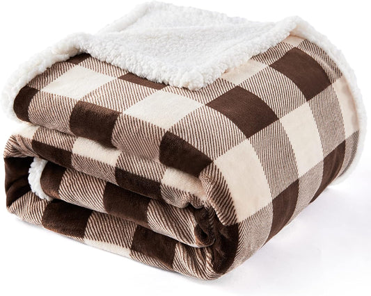 Touchat Sherpa Buffalo Plaid Christmas Twin Blanket 60" X 70", Fuzzy Fluffy Soft Cozy Throw Blanket, Fleece Flannel Plush Microfiber Blanket for Couch Bed Sofa(Brown)
