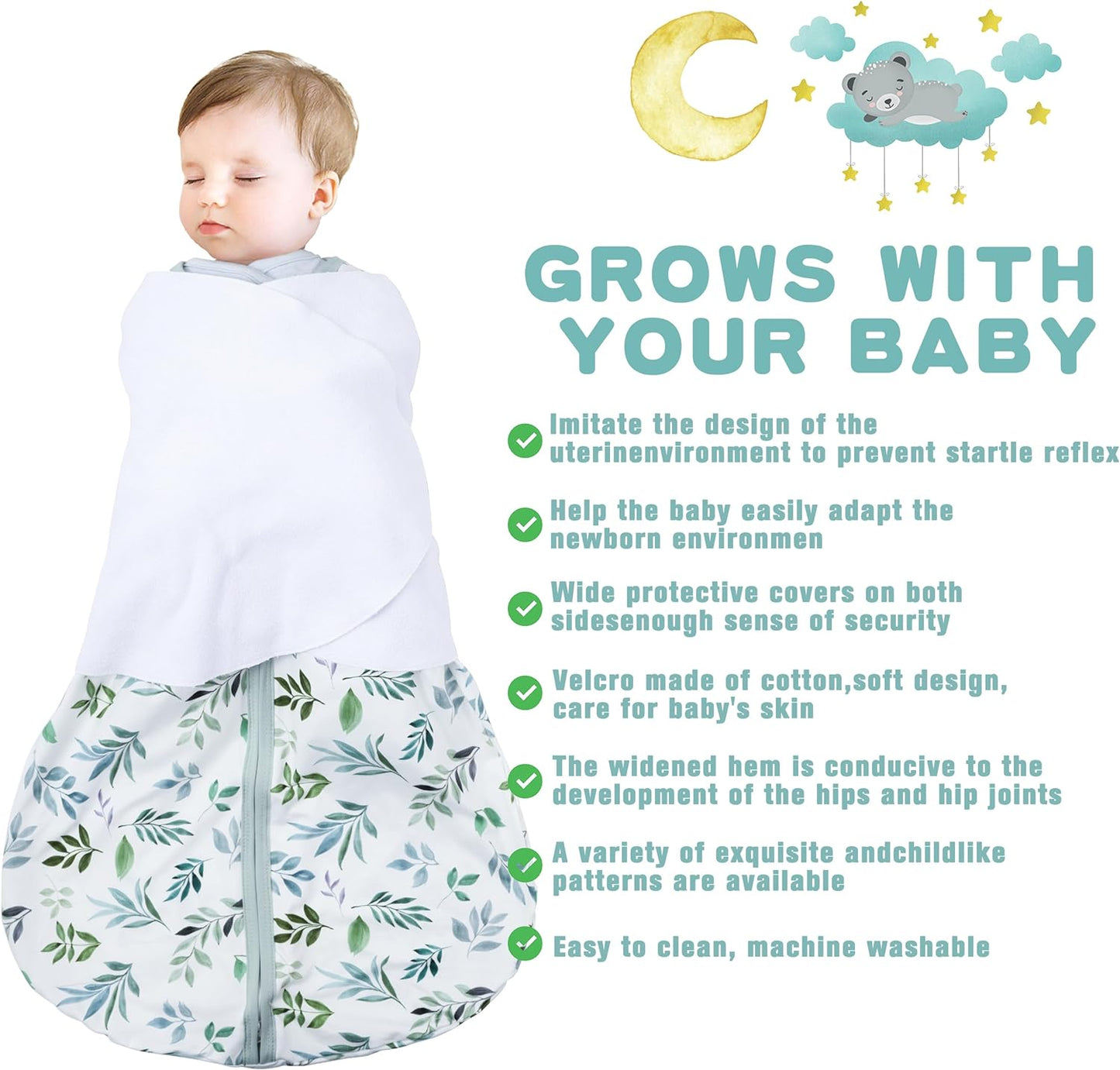 Newborn Sleep Sack Baby Swaddle,6-12 Months,3-Way Adjustable Wearable Blanket,100% Rayon Cotton Swaddling Sleeping Bag，TOG 0.5（Banana&Leaf）