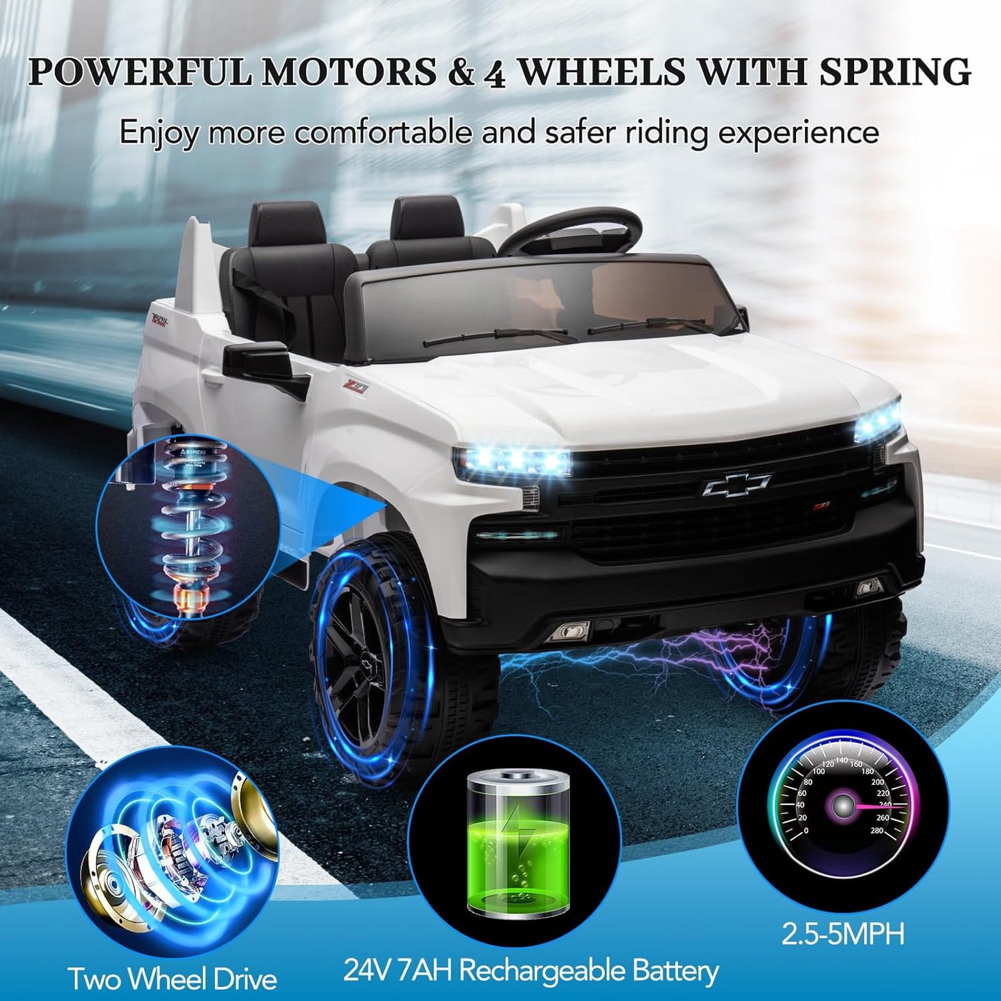 Hetoy 24V 2-Seater Truck Licensed Chevrolet Silverado Ride On Car Toy w/Parent Remote Control,4xSpring Suspension, 3 Speeds, Wireless Music, MP3 Player, Electric Vehicle Car for Kids, White