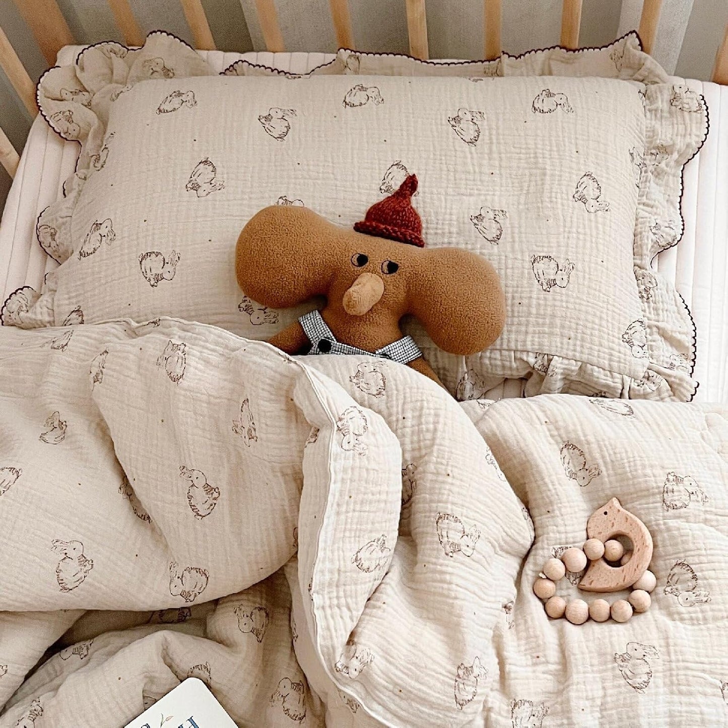 BuLuTu 2-Layer Cotton Muslin Toddler Pillowcase Rabbit Pattern, Soft Breathable Travel Pillow Case Fit for Boys Girls Toddler Pillow 13"x18"or 14"x19", Nursery Decor Kids Pillow Cover 14"x20"