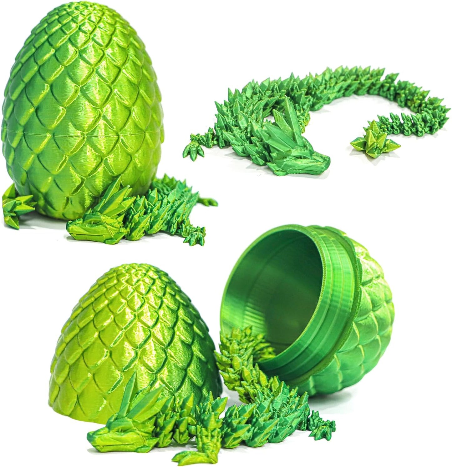 Dragon Egg - 3D Printed Egg with Flexible Pearly Sheen Dragon Inside, 3D Printed Surprise Gift, Articulated Dragon Egg Fidget Toy, Figurine Decor (12” Dragon Gold Mix Green)