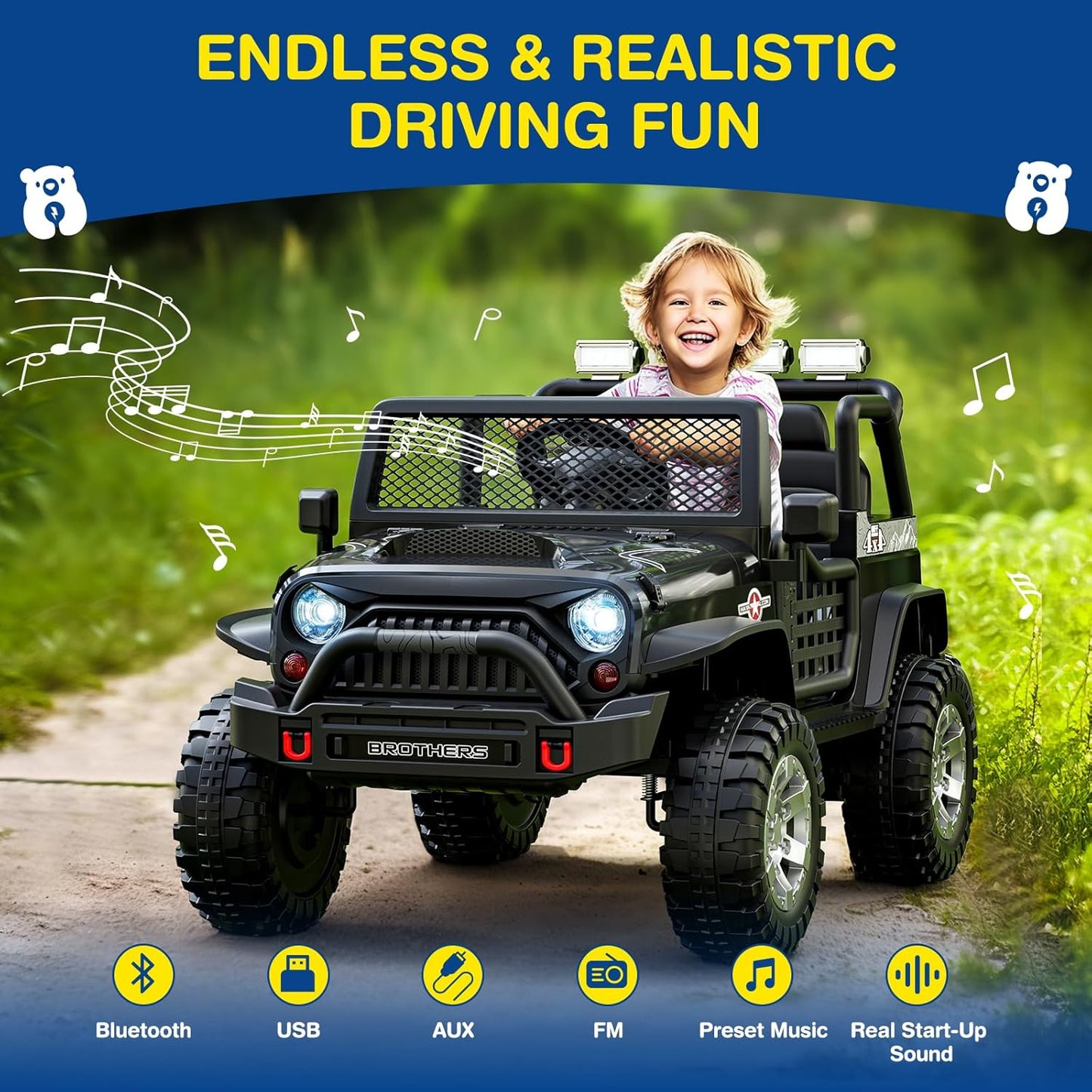 L8 2 Seater Ride On Car, 12V Kids Electric Car w/Remote Control, 4-Wheel Suspension, Bluetooth Speaker, Multi Music Modes, 3 Speeds, LED Lights, Xmas & Birthday Gift Ideas for Kids Ages 3+