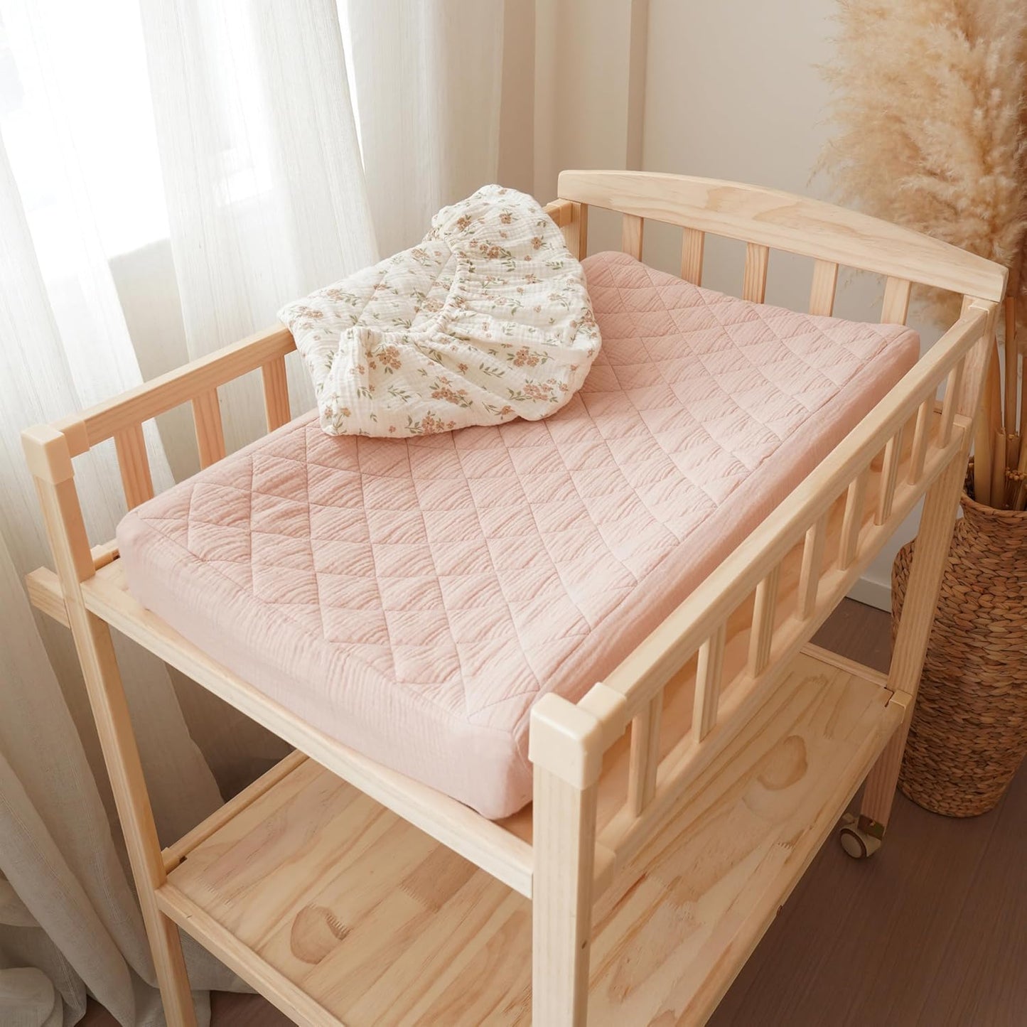 Konssy Waterproof Muslin Changing Pad Cover 2 Pack, Quilted Cotton Fitted Diaper Chang Table Cover, Soft Changing Pad Sheets for Girls Boys (Blossom,Pink)