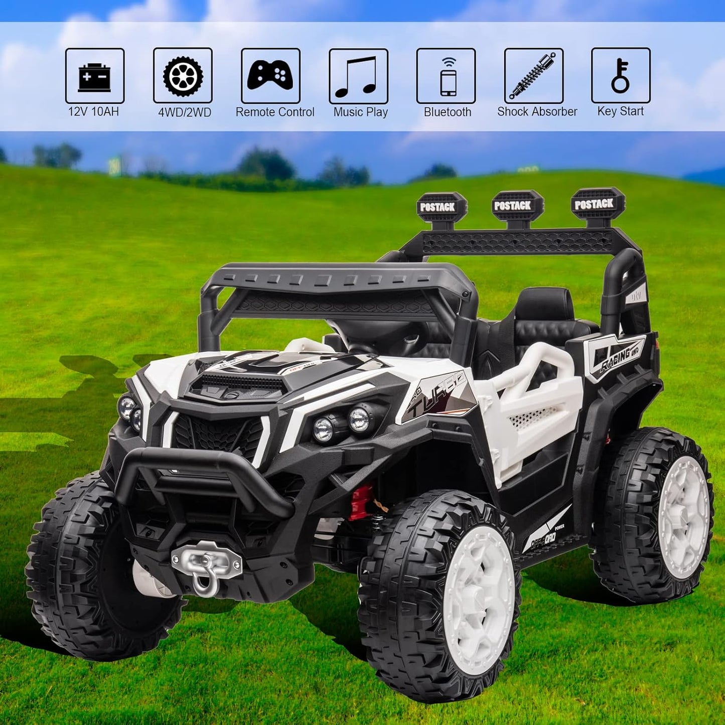 24V Ride On Car for Kids, 4x4 Kids Electric Car with Remote Control Off Road, Children Car with Bluetooth 3 Speeds LED Lights Storage Trunk,White