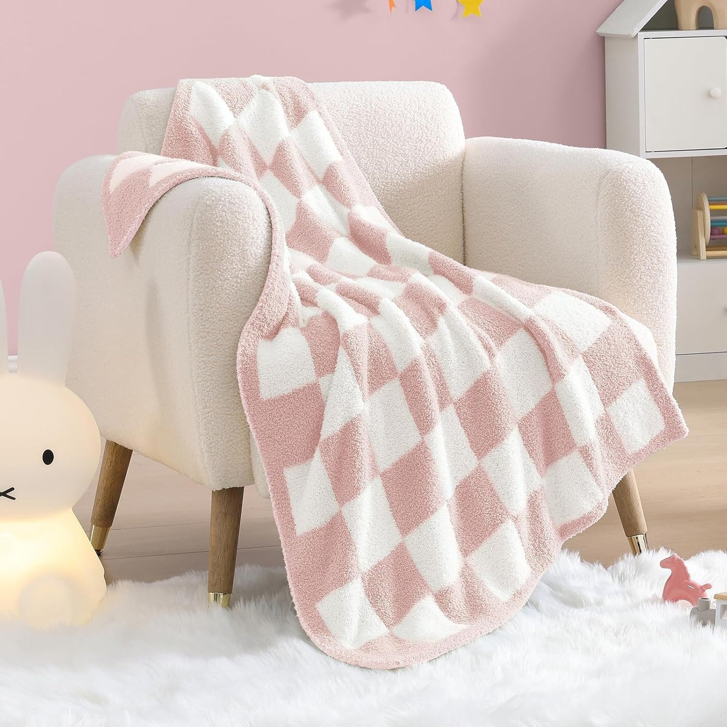 WRENSONGE Checkered Throw Blanket, Pink Microfiber Soft Cozy Fluffy Warm Hand Made Throw Blankets for Couch, Sofa, Chair, Bed, Camping, Picnic, Travel Lightweight Bed Blanket - 30"*40"