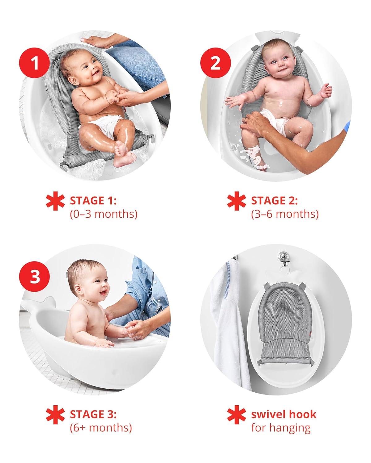 Skip Hop Infant Bath Tub 3-Stage Grow With Baby Smart Sling MOBY Bathtub White Age 0+